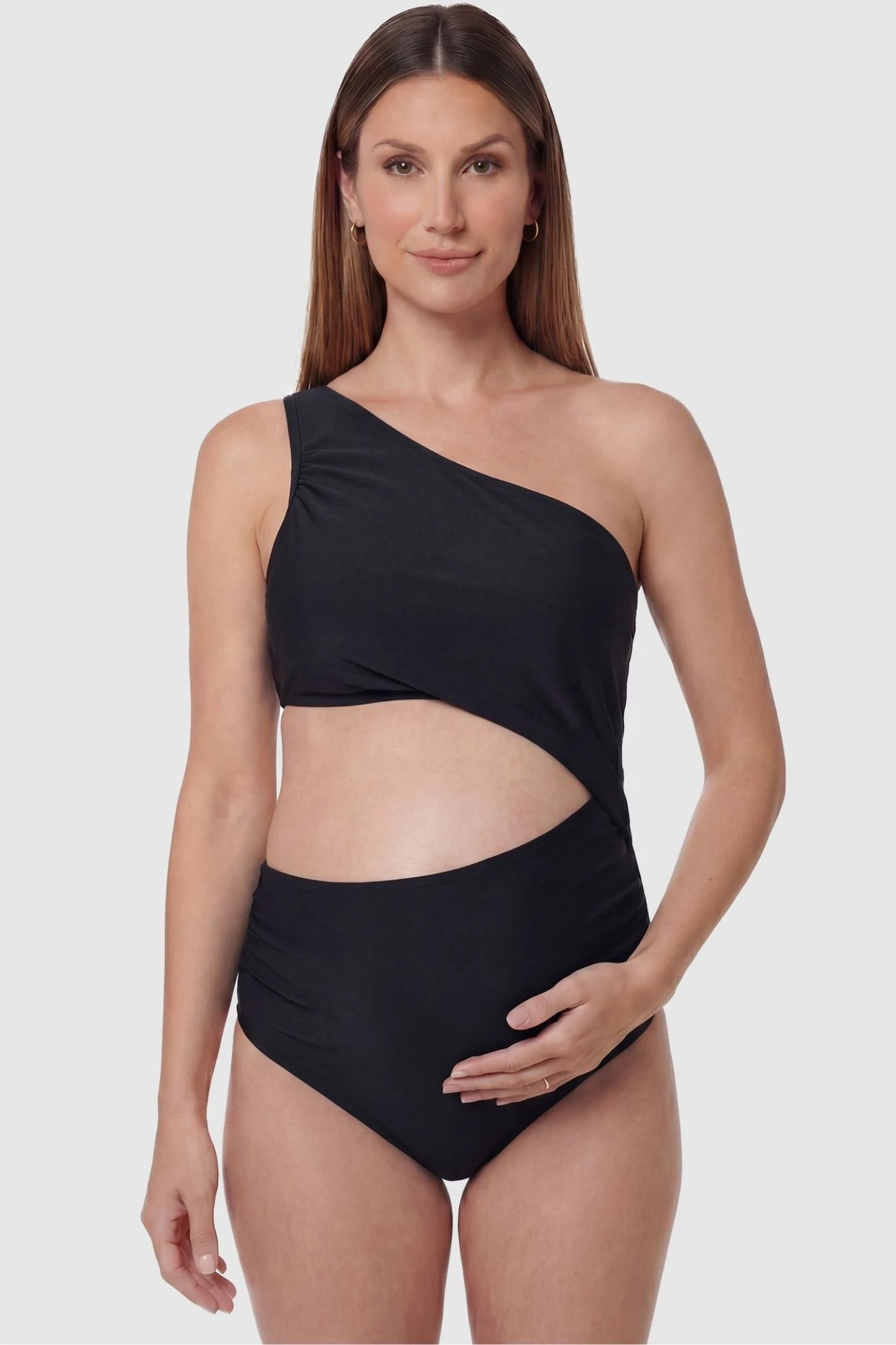 One-Shoulder Cutout Maternity Monokini in Black featuring a chic asymmetrical neckline on a pregnant model, front view.