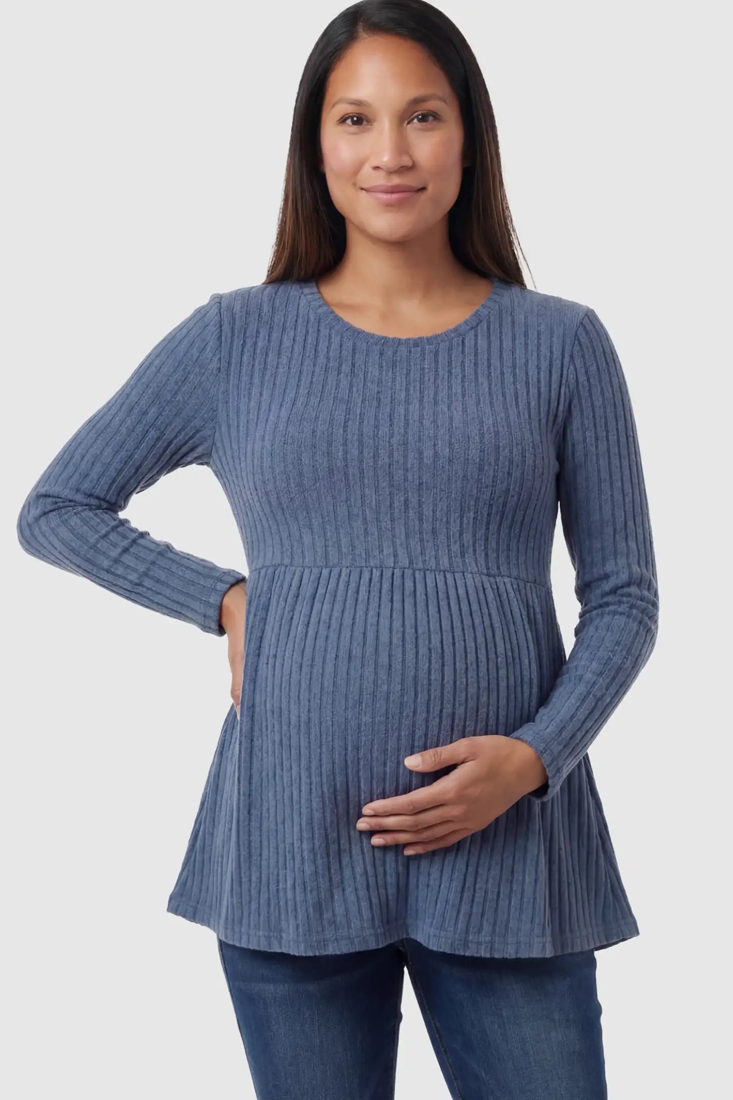 Ribbed Knit Long Sleeve Maternity Top in Sea Blue featuring an empire waist and high-stretch fabric on a pregnant model posing front.