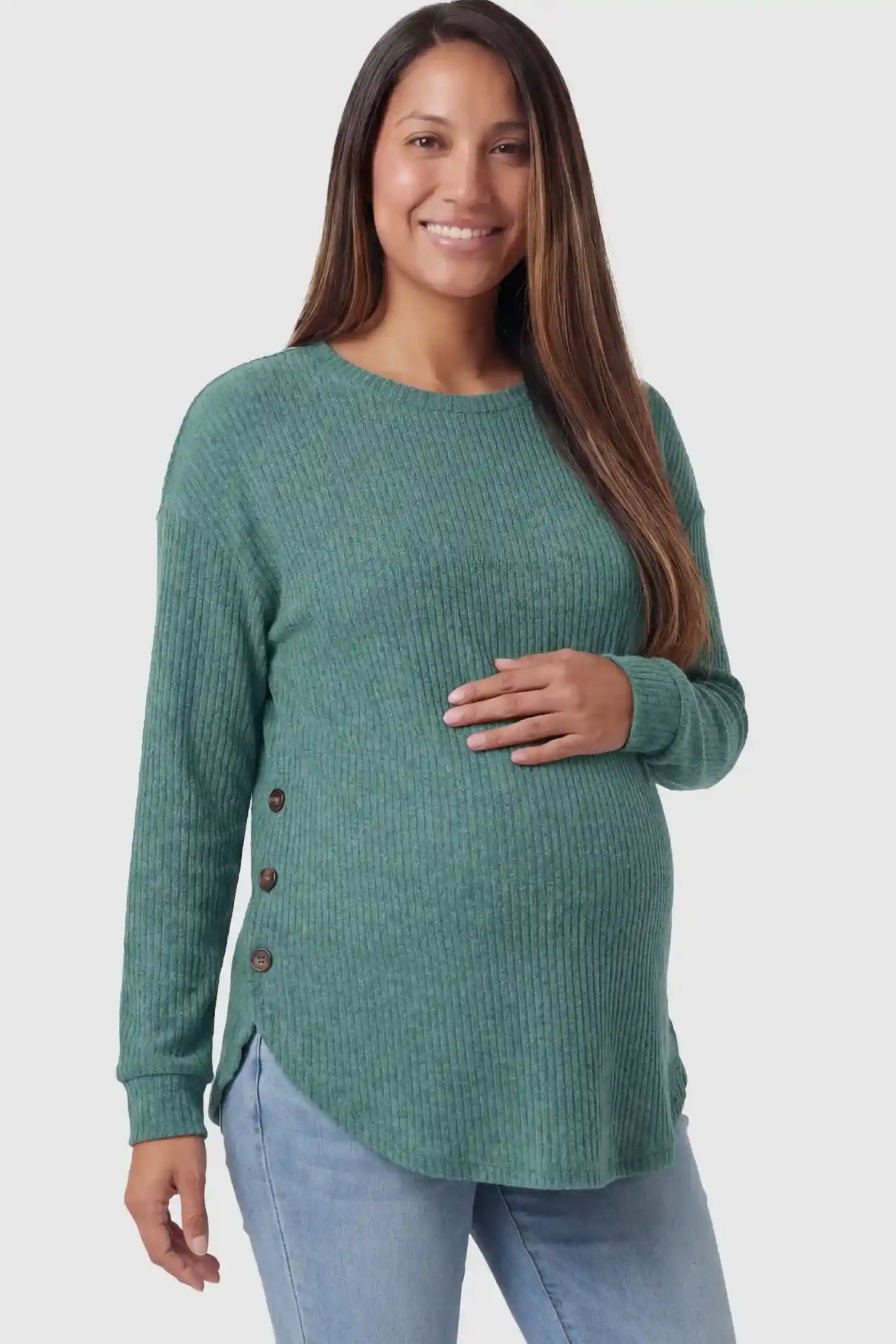 Ribbed Long Sleeve Maternity Nursing Top in Green featuring functional side buttons on a pregnant model.