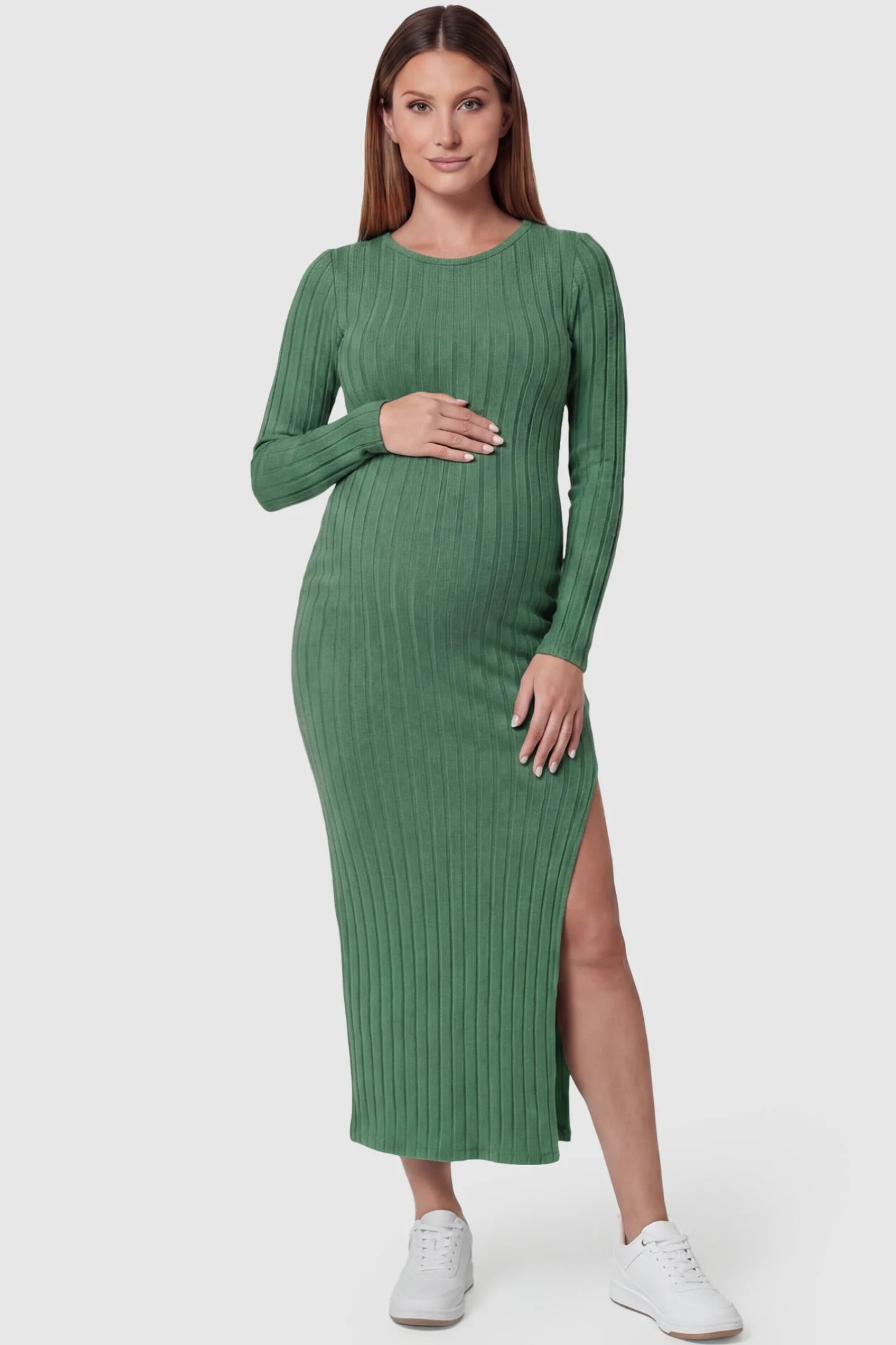 Ribbed Side Slit Fitted Long Sleeve Maternity Maxi Dress in Green featuring a high side slit on a pregnant model, front view.