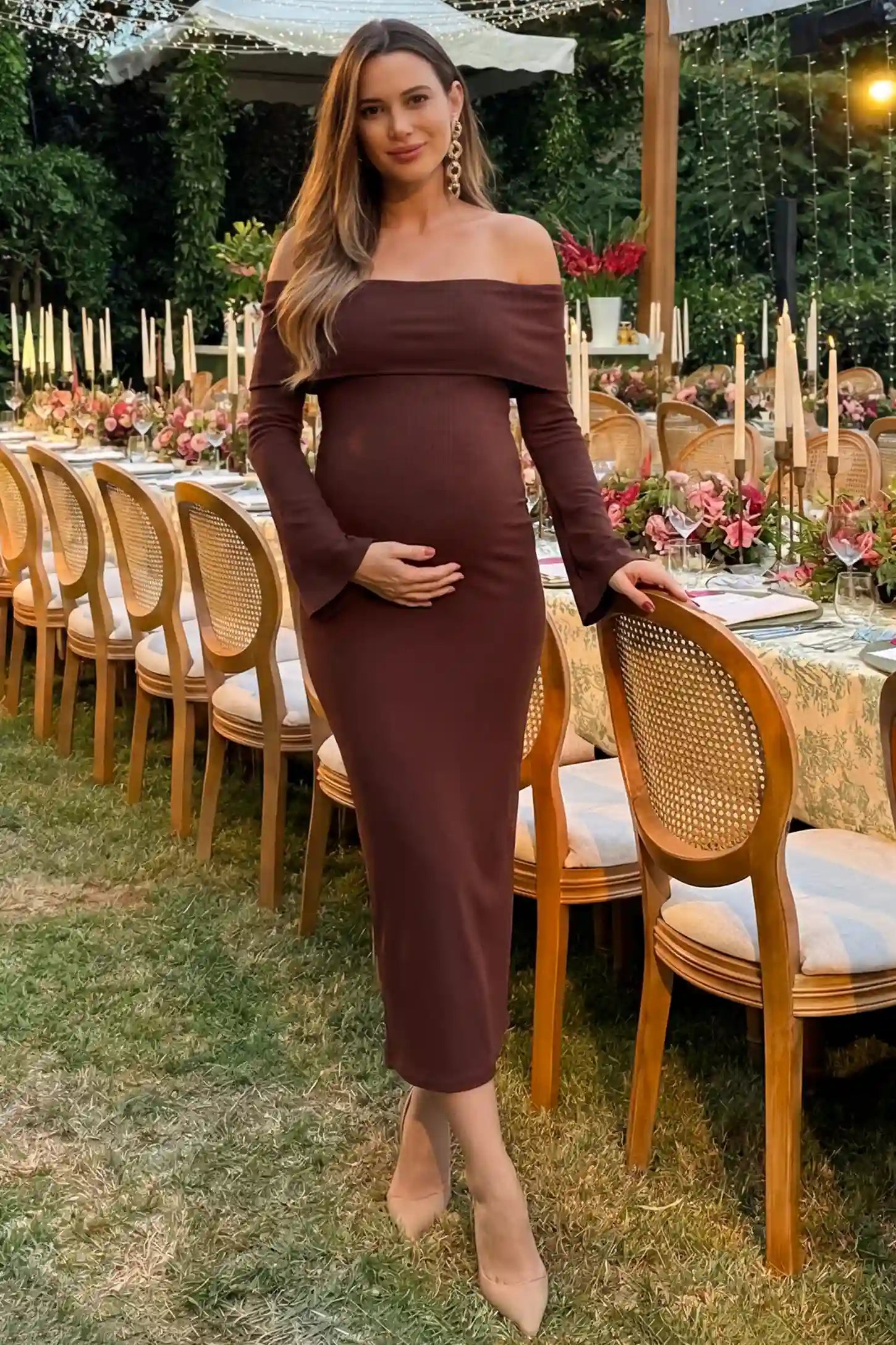 Ruched Off-shoulder Bodycon Maternity Midi Dress in Coffee with a sophisticated ruched design, lifestyle front view on a pregnant model.
