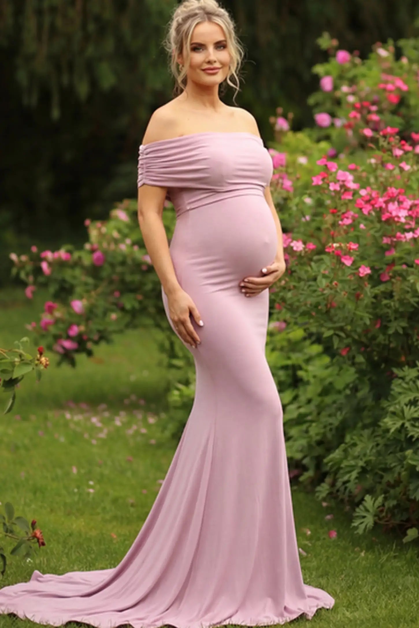 Solid Off-Shoulder Maternity Photoshoot Gown in Pink featuring subtle train on a pregnant woman posing front.