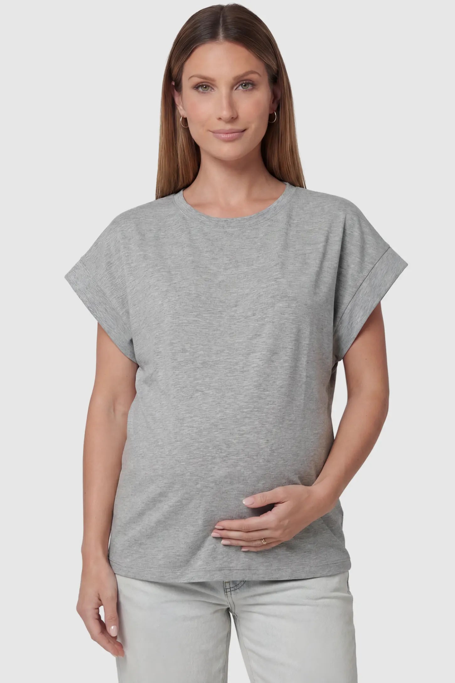 Solid Round Neck Cap Sleeve Maternity Top in Light Gray featuring breathable fabric on a pregnant model, front view.