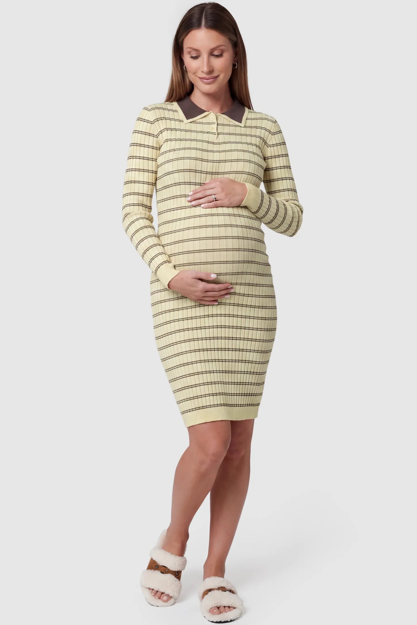Rib-Knit Straight-Tube Maternity Midi in Off-White Stripes featuring a contrast polo collar on a pregnant model, front view.