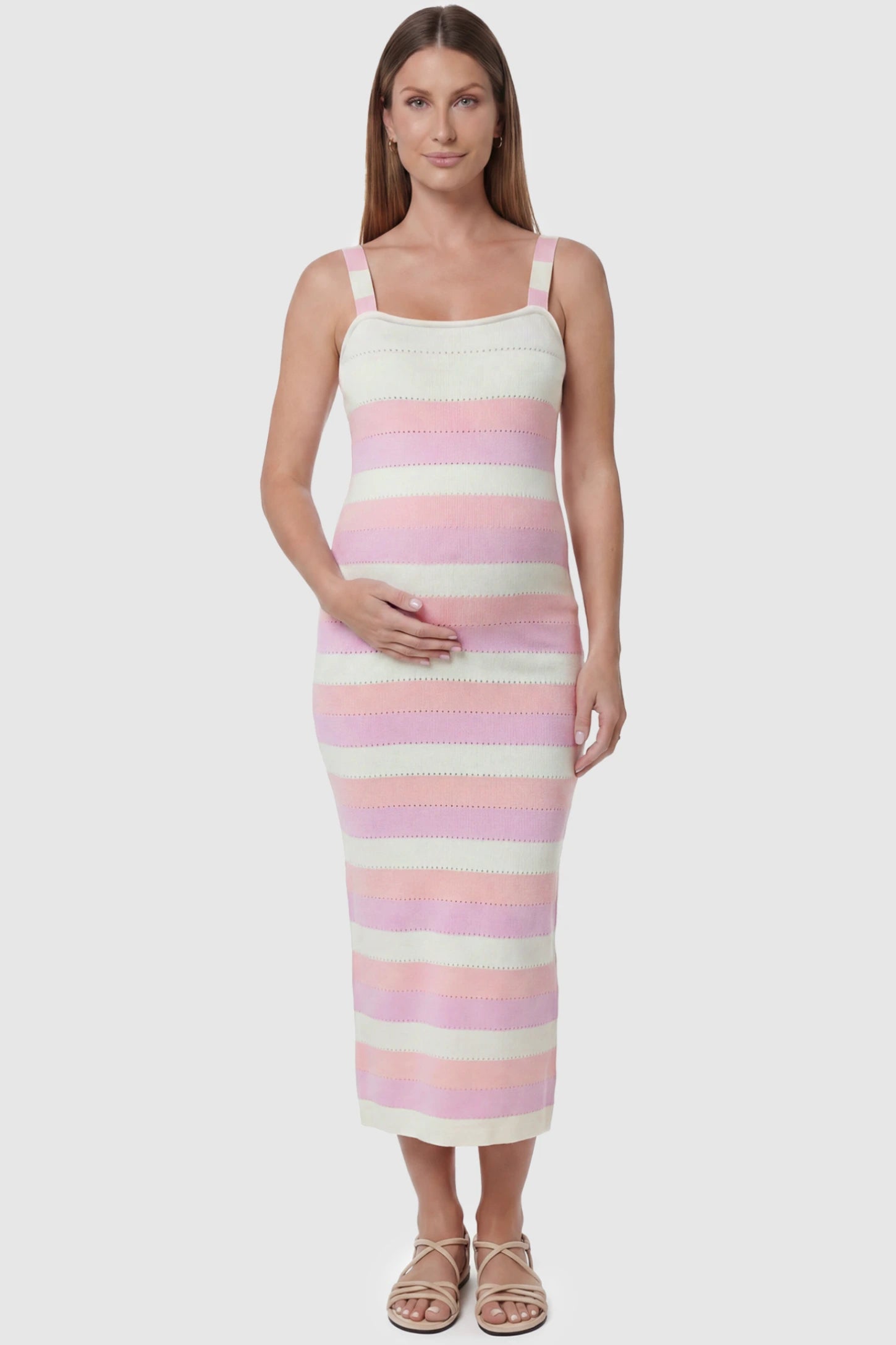 Striped Square Neck Sleeveless Maternity Midi Dress in Pink featuring adjustable slider straps and soft knit stretch on a pregnant model, front view.