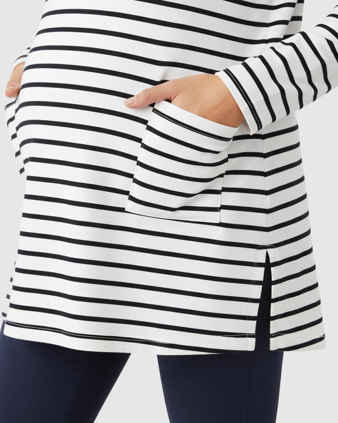 Striped Round Neck Long Sleeve Maternity Top with Pockets