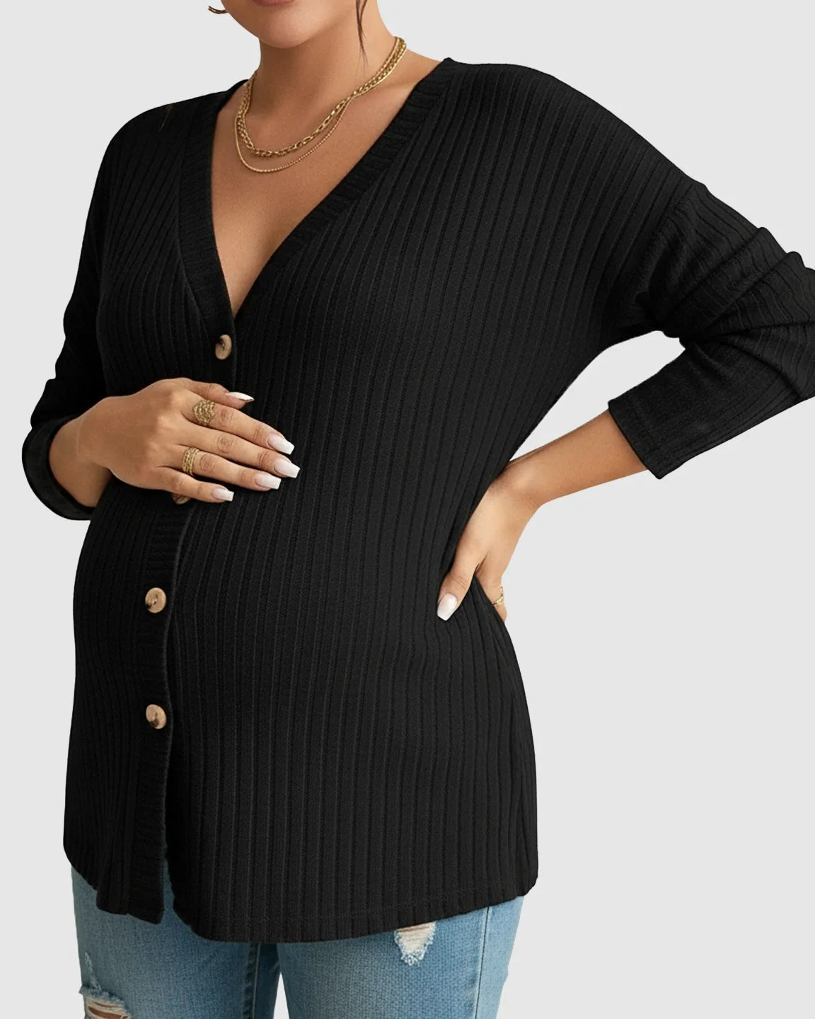 Ribbed Button-Front Drop Shoulder Maternity Top