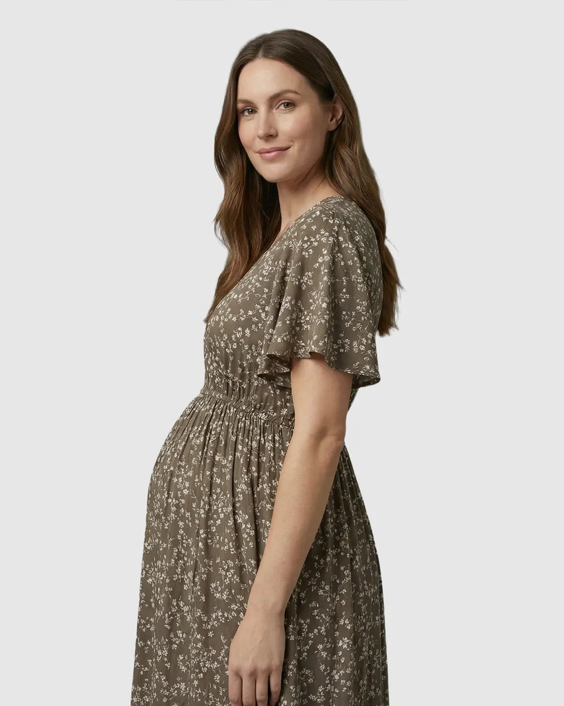 Cinched Waist Bohemian Floral Maternity Maxi Dress