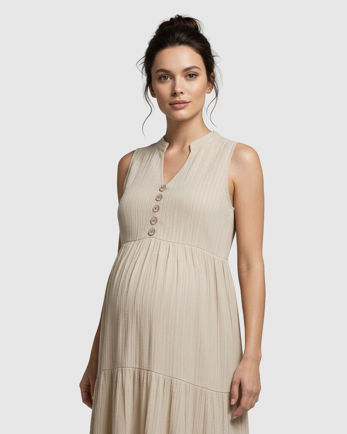 Button-Front Detail Tiered Maternity Midi Dress