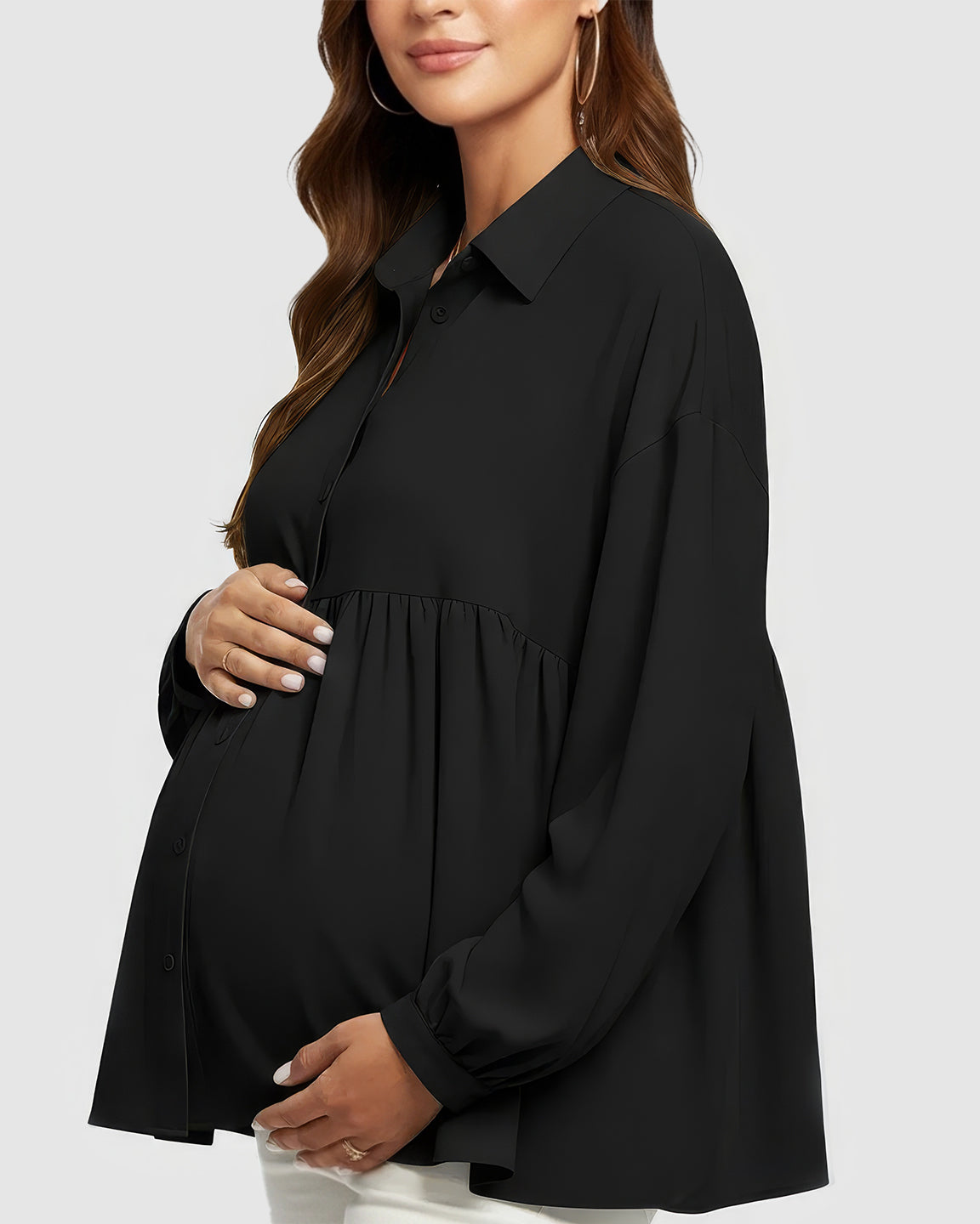 Lapel Long Sleeve Maternity Shirt