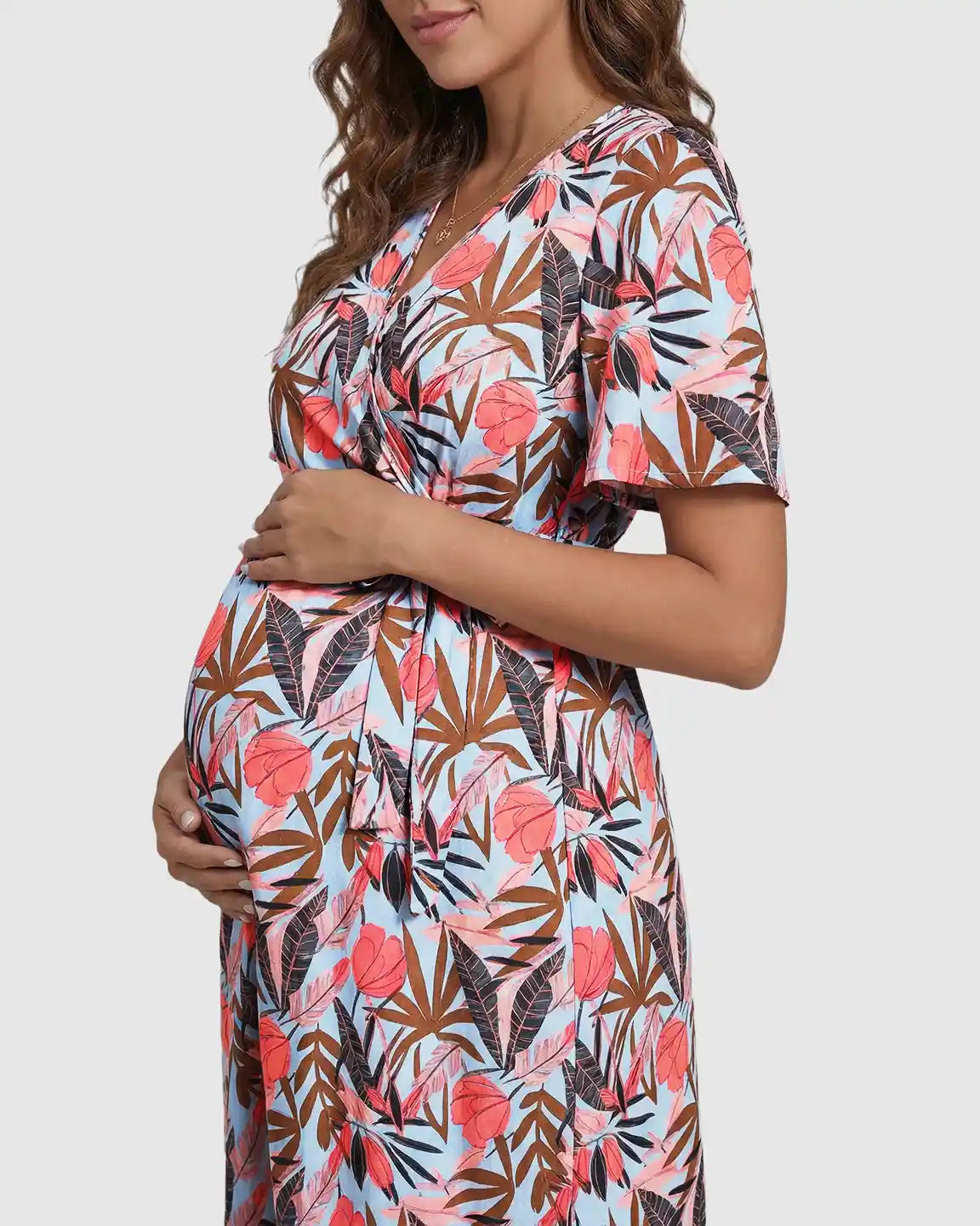 Side Tie Wrap Tropical Pattern Maternity Midi Dress