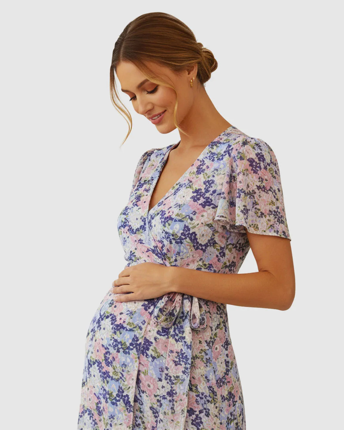 V-Neck Wrap-Style Floral Maternity Midi Dress