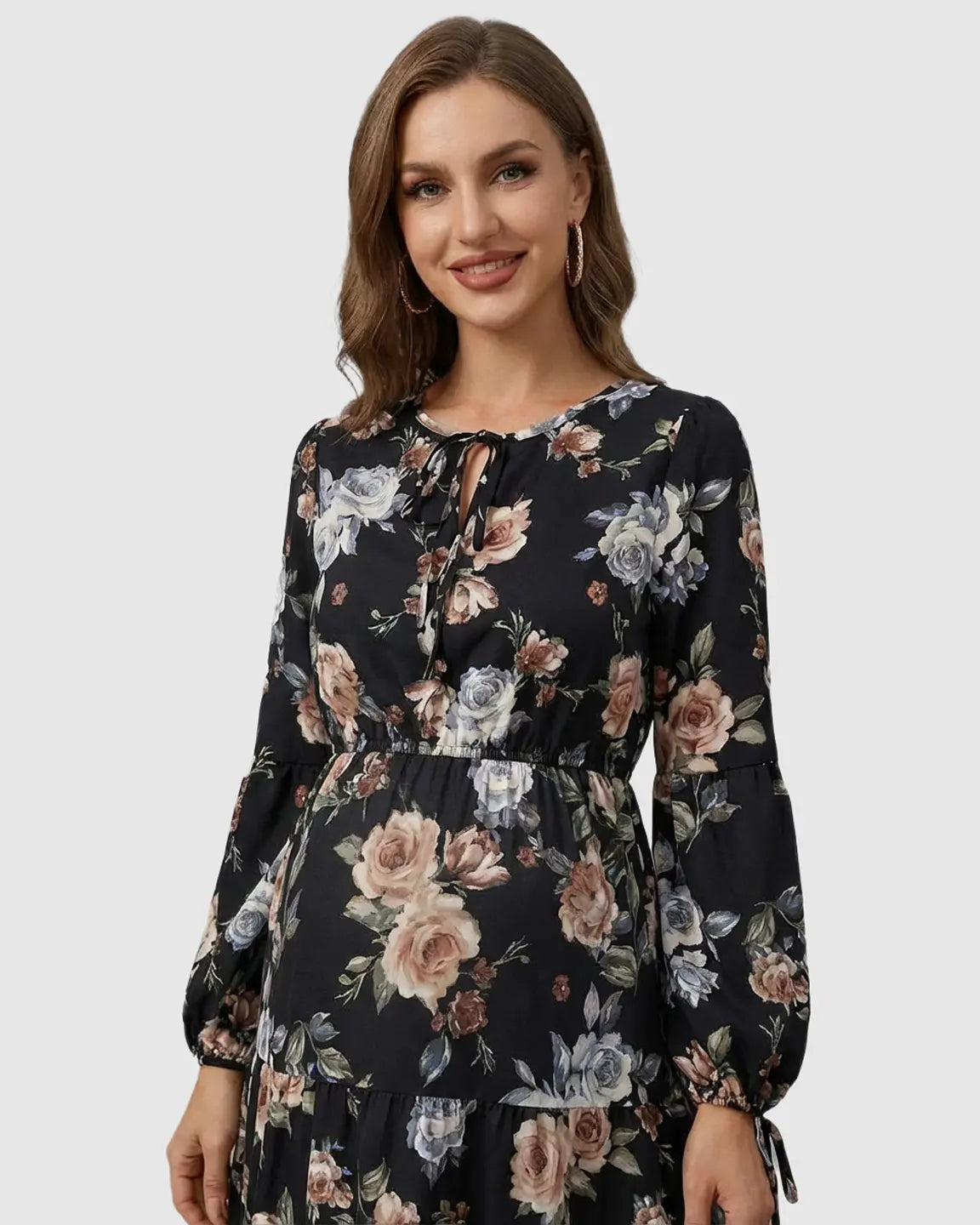 Floral Tiered Hem Boho Maternity Midi Dress