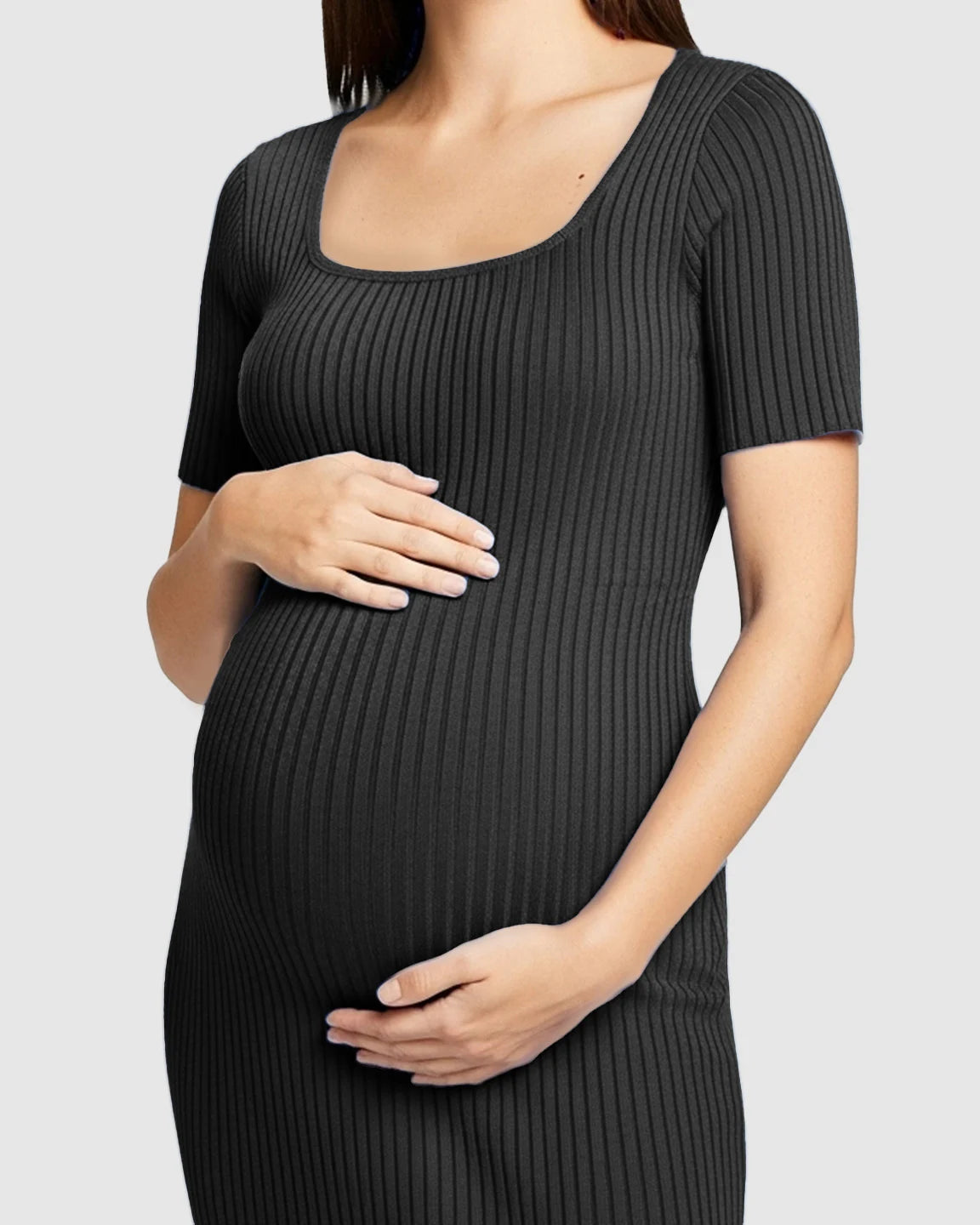 Ribbed Knit Square Neck Bodycon Maternity Midi Dress