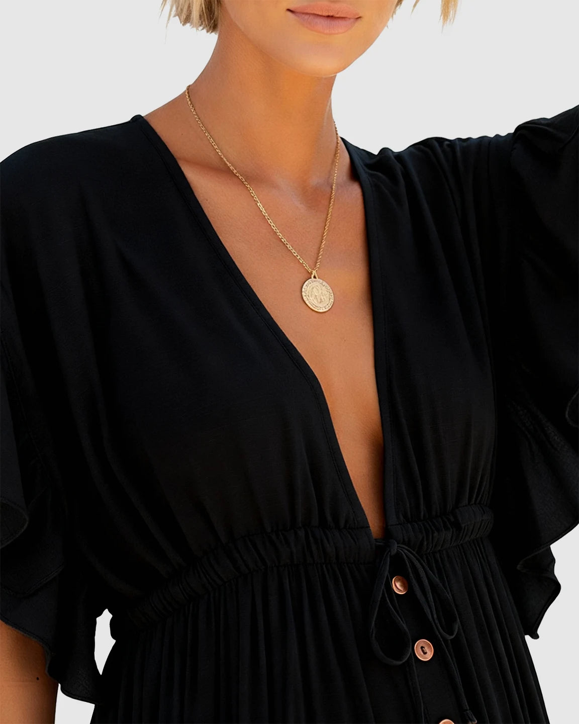 Button-Front Deep V Neck Maxi Beach Cover-Up Dress
