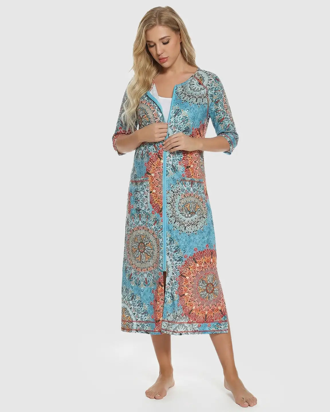 Front Zipper Boho Print Maternity Nursing Lounge Dress