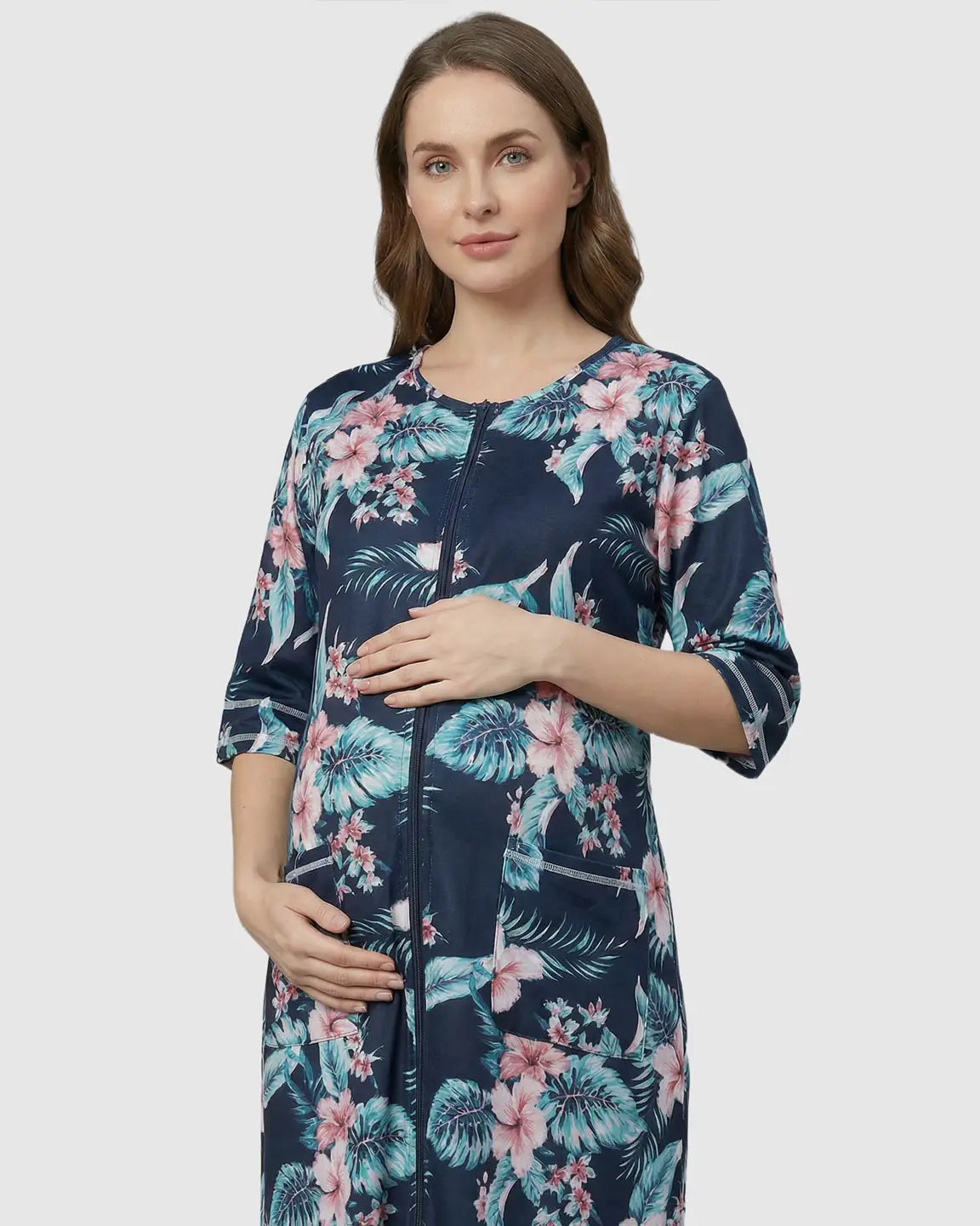 Front Zipper Casual Maternity Nursing Lounge Dress