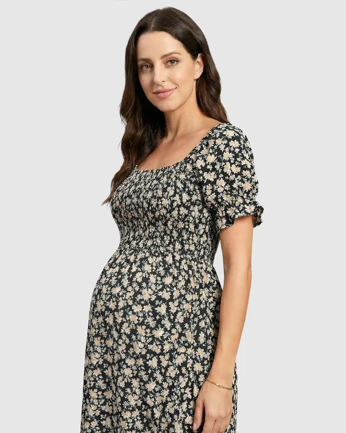 Smocked Bodice Boho Casual Maternity Midi Dress