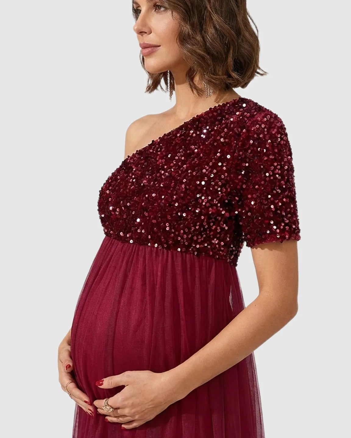 Sequin One-Shoulder Elegant Maternity Maxi Dress