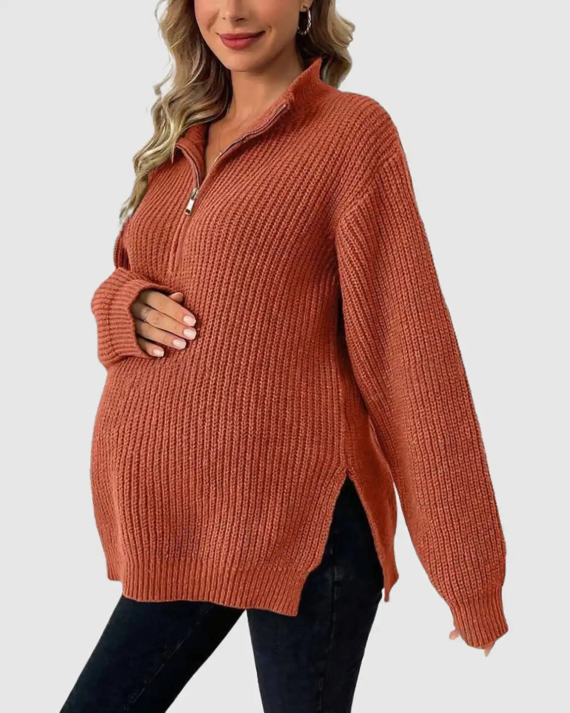 Ribbed Knit Half-Zip Maternity Sweater