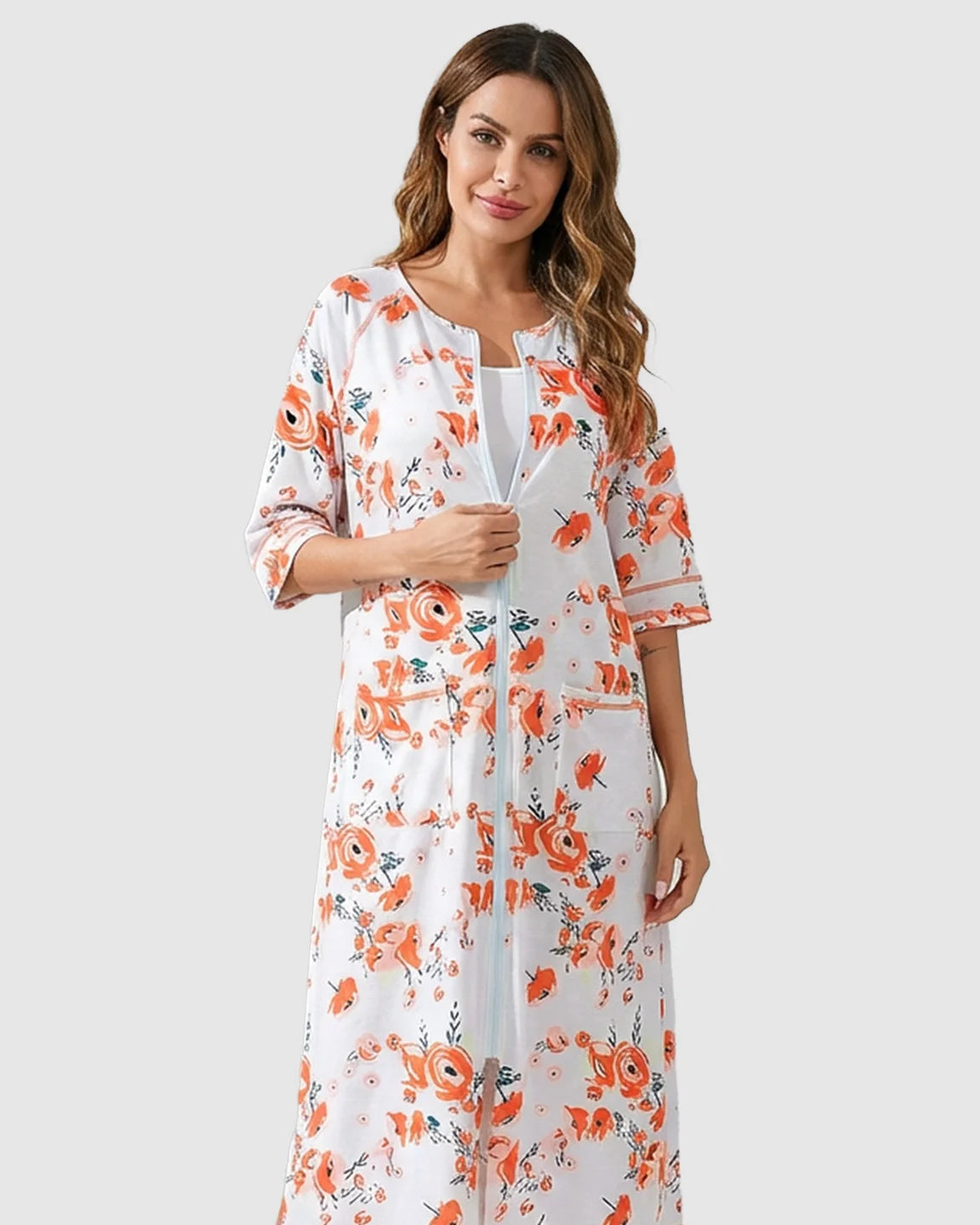 Front Zipper Floral Maternity Nursing Lounge Dress