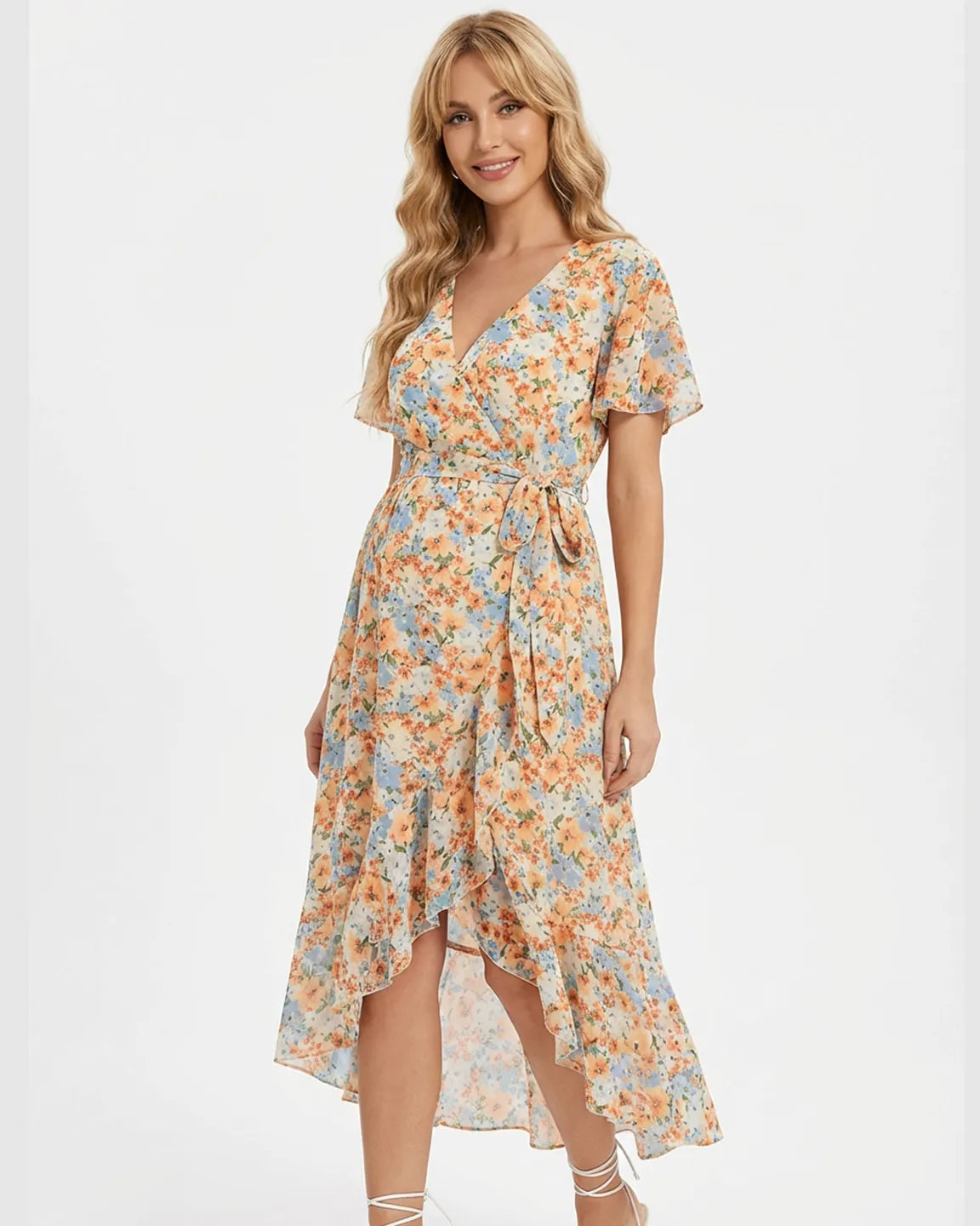 Flowy Floral Wrap Maternity Midi Dress