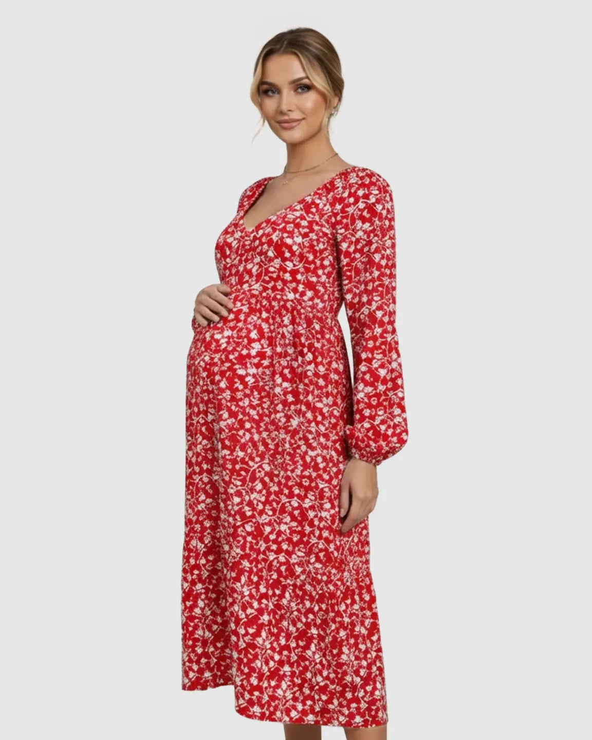 Deep V-Neck Floral Maternity Midi Dress