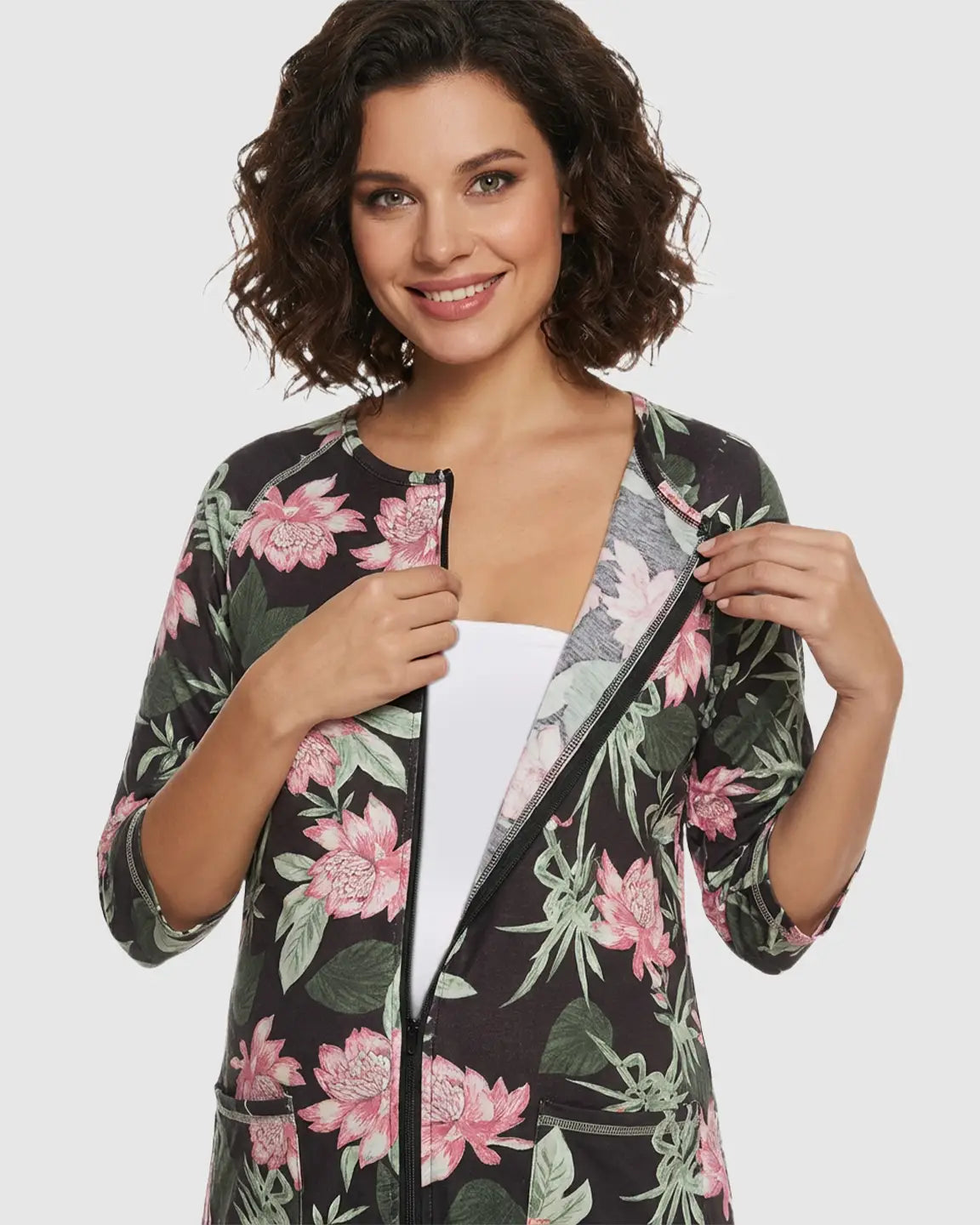 Front Zipper Floral Print Maternity Nursing Lounge Dress