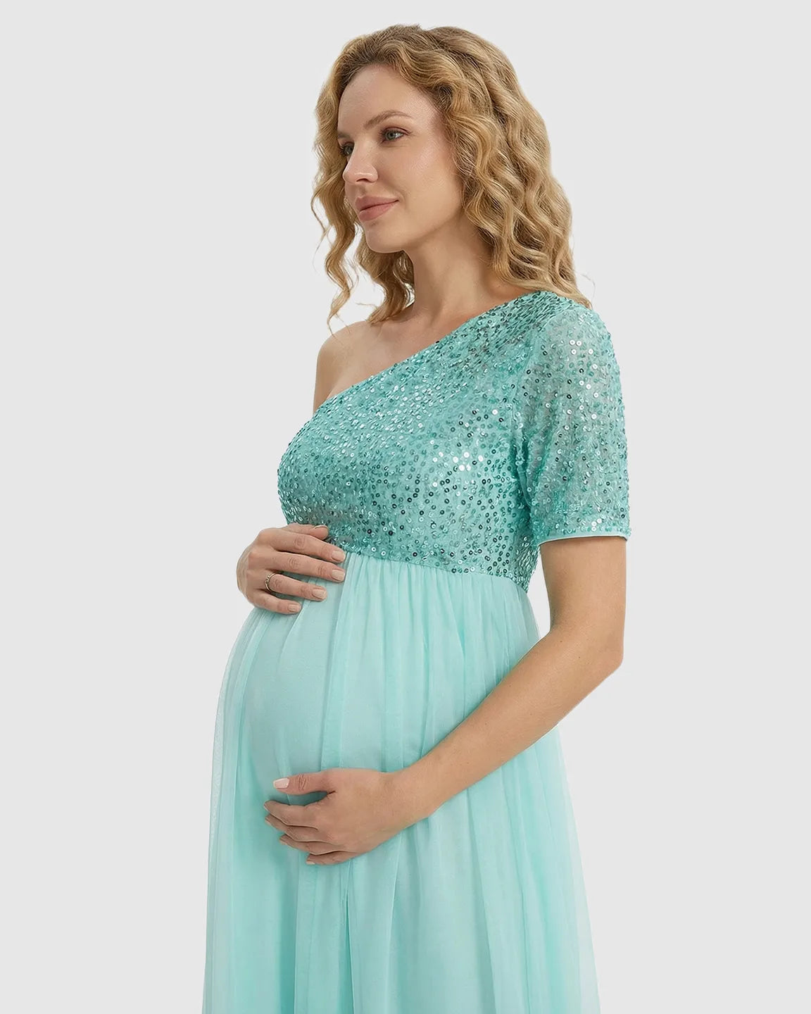 Sequin One-Shoulder Flowy Maternity Maxi Dress