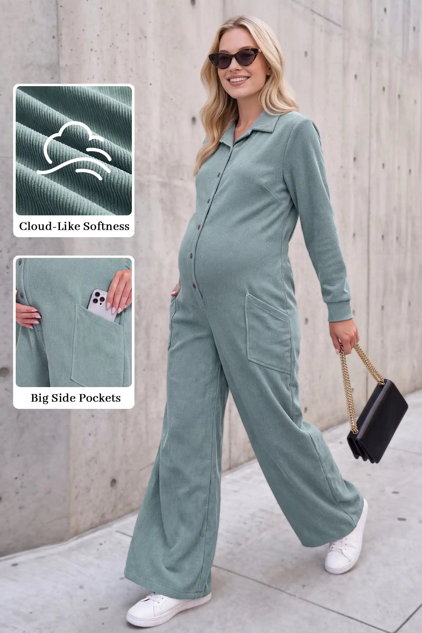 Maternity Ribbed Button-Front Wide-Leg Jumpsuit