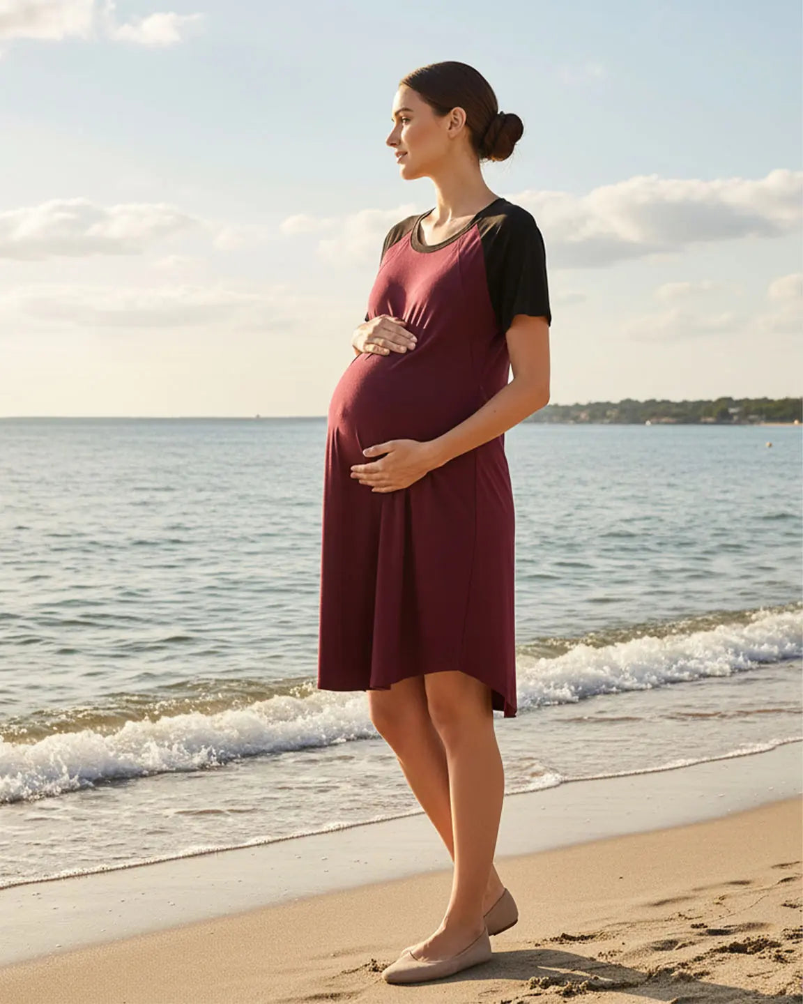 Contrast Sleeve Loose Fit Maternity & Nursing Dress