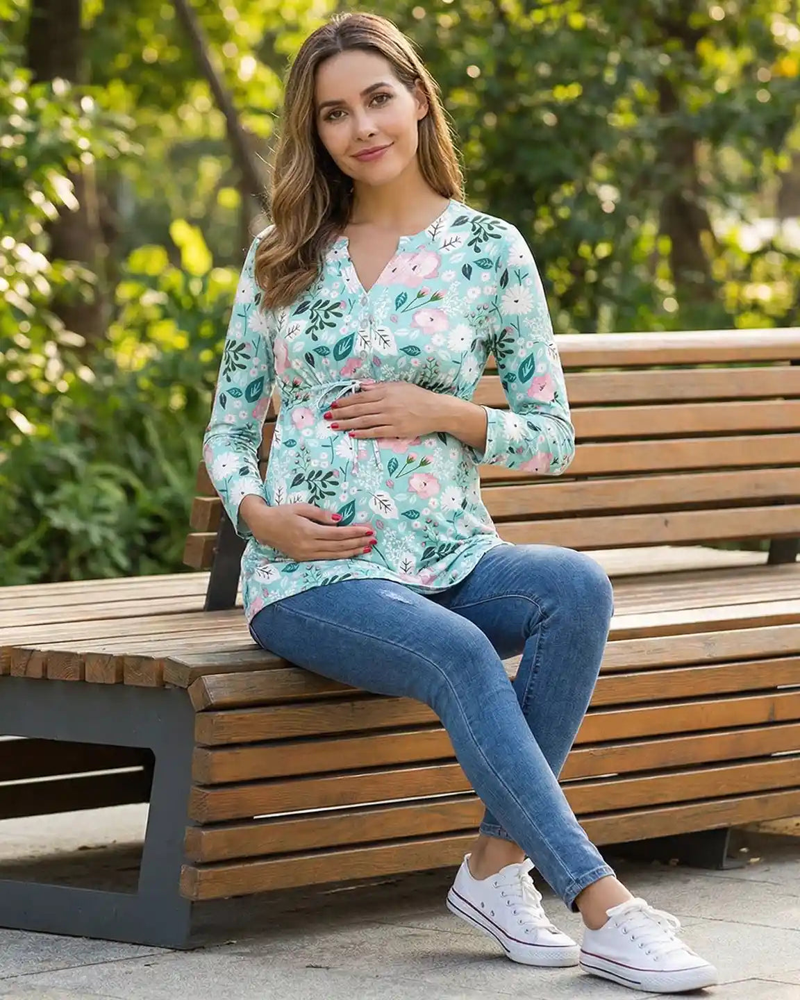 Drawstring Waist Floral Print Maternity Top