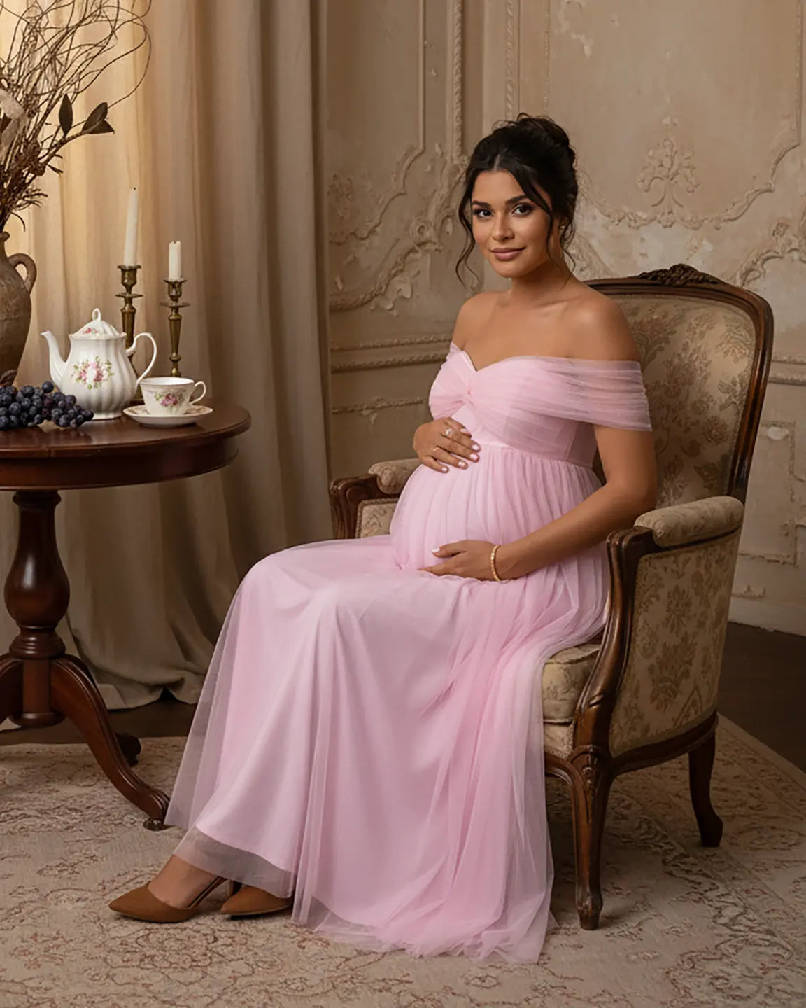Ruched Off-Shoulder Front Slit Maternity Maxi Dress