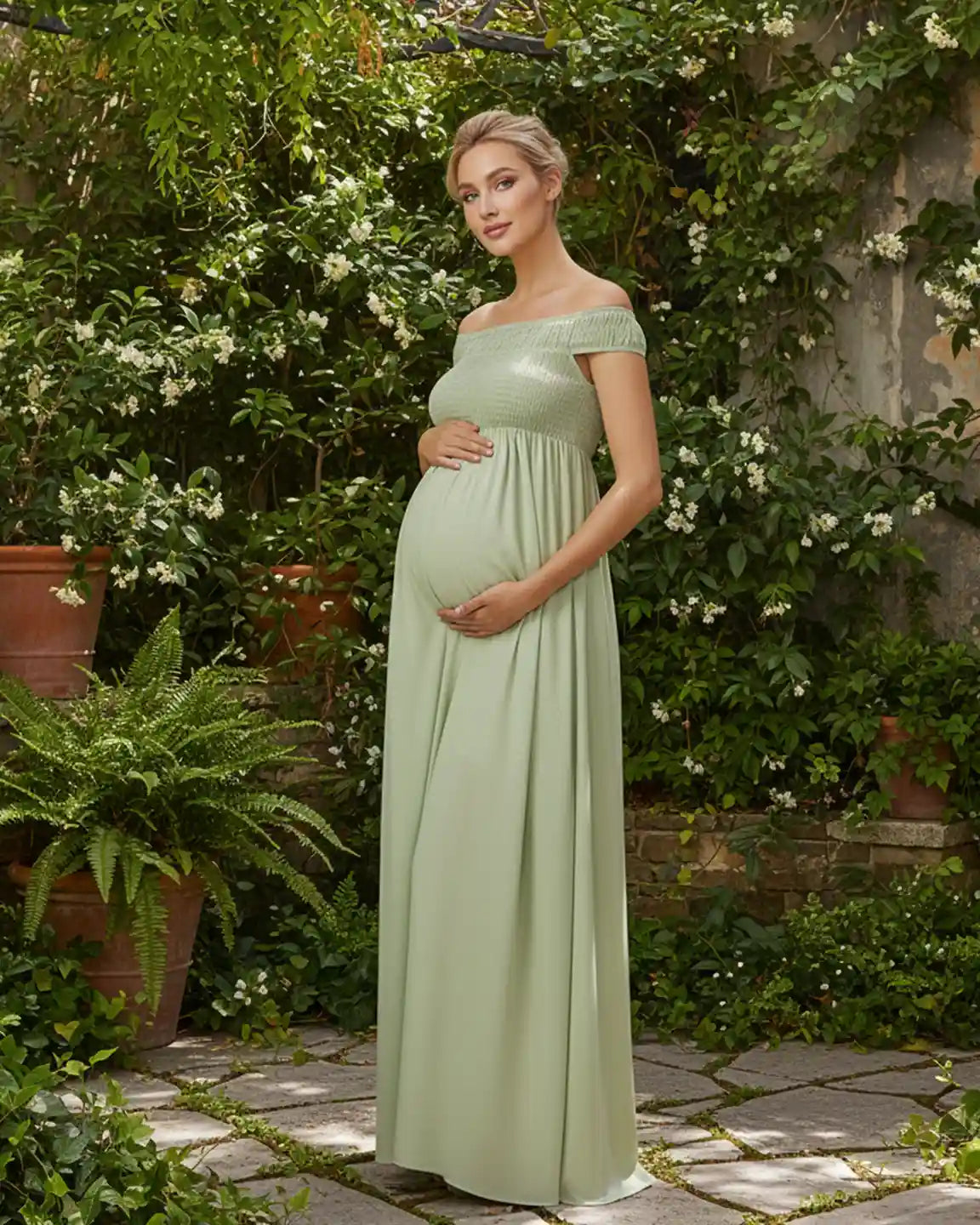 Off-Shoulder Flowy A-line Maternity Maxi Dress