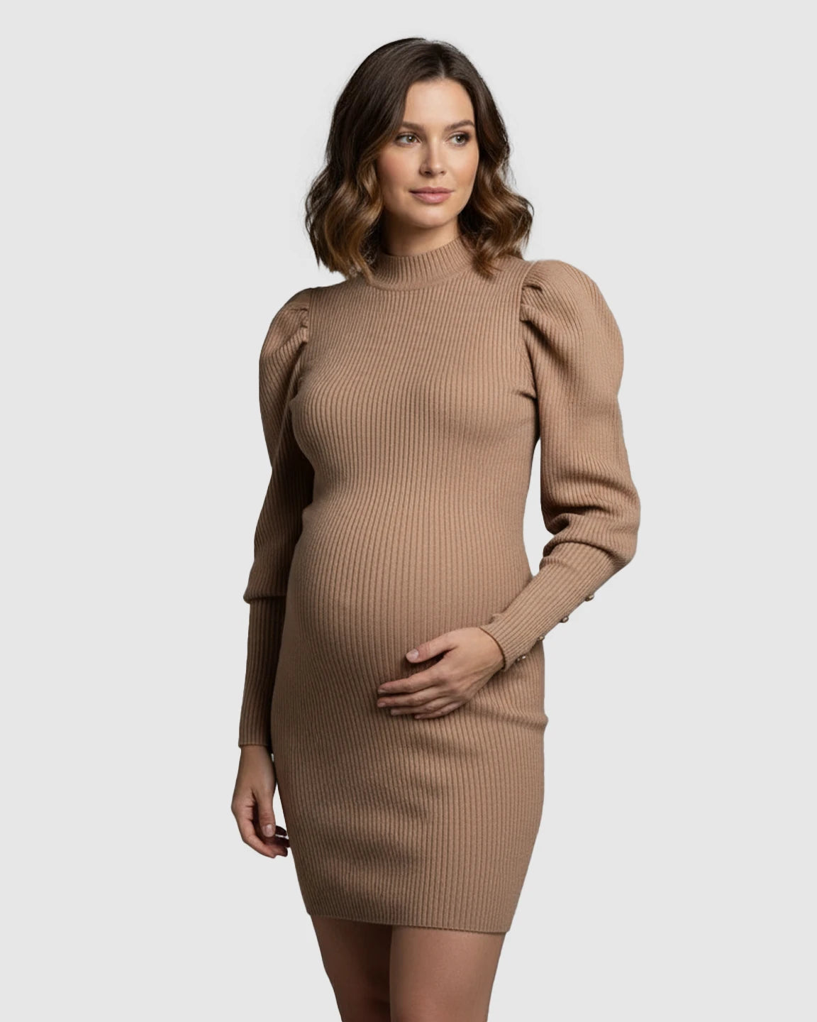 Ribbed Knit Bodycon Puff Sleeve Maternity Short Dress