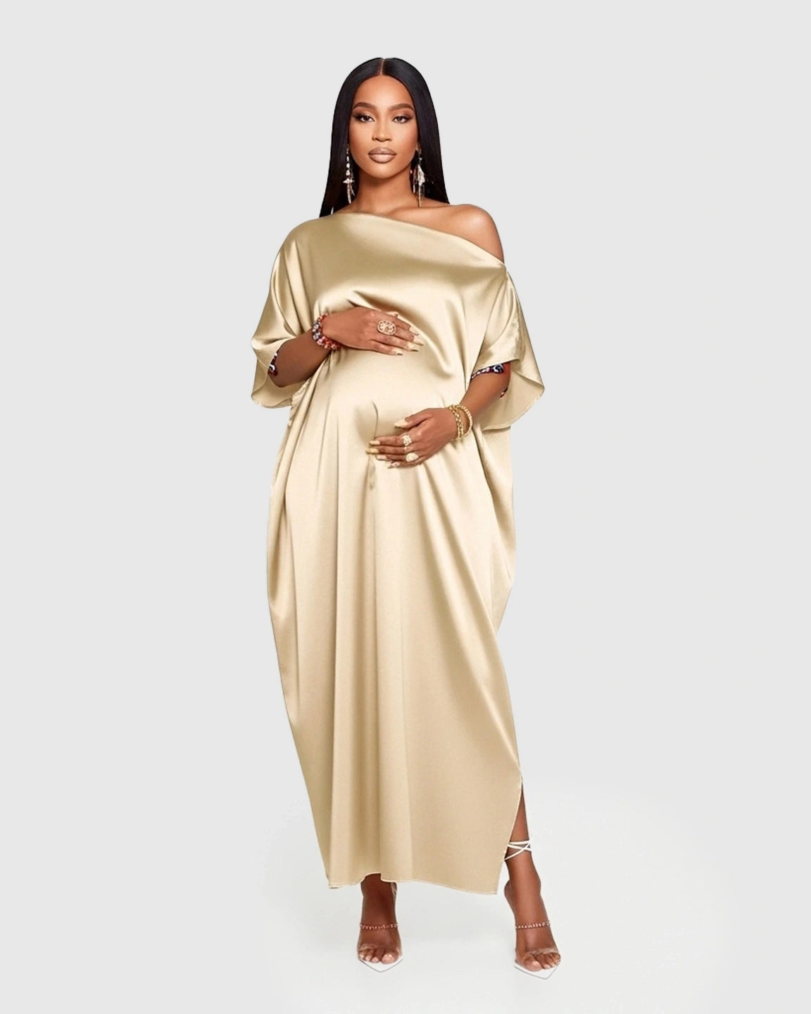 One-Shoulder Batwing Sleeve A-Line Maternity Maxi Dress