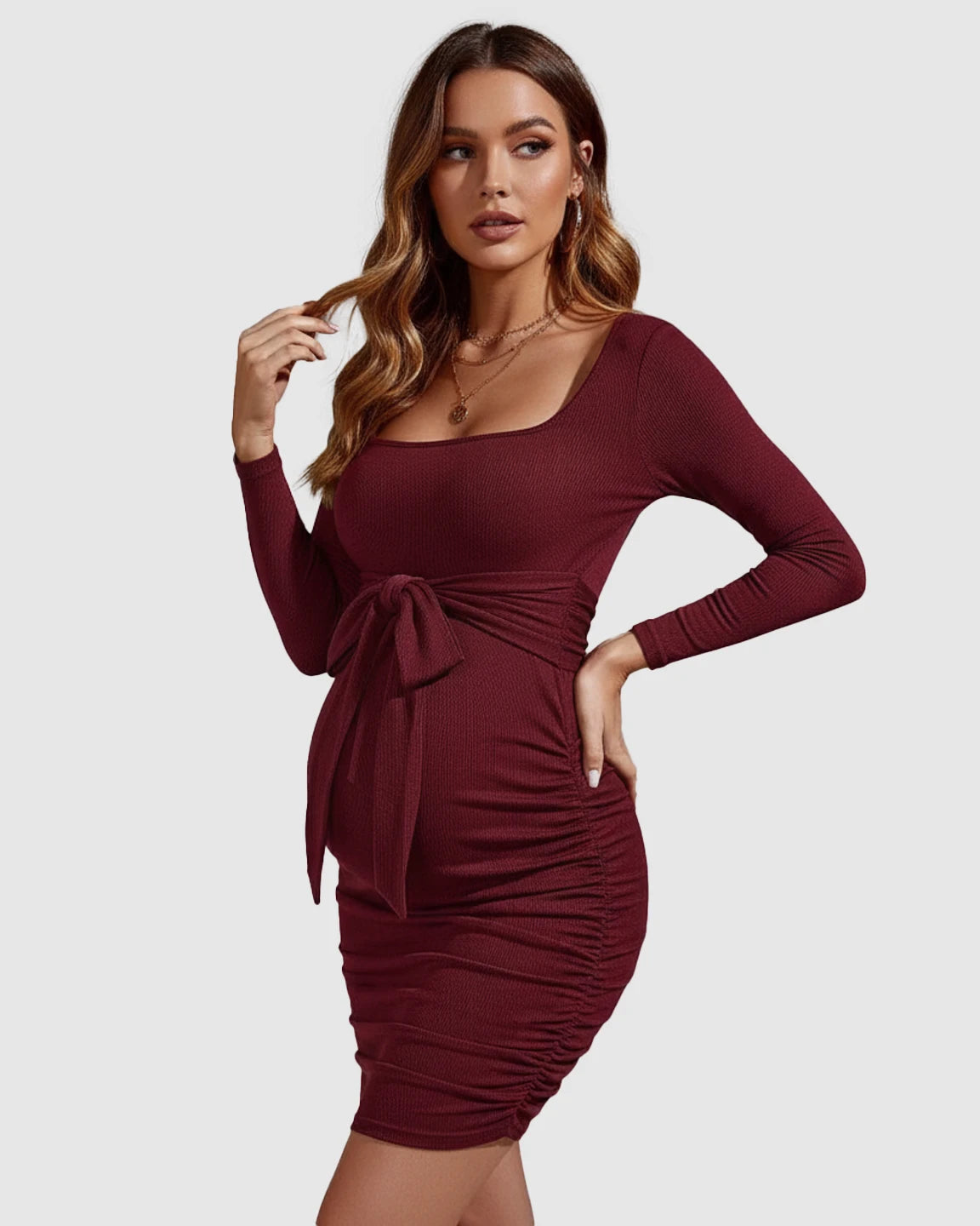 Ribbed Knit Tie Waist Bodycon Maternity Short Dress