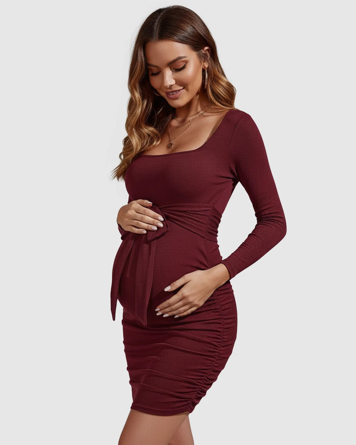 Ribbed Knit Tie Waist Bodycon Maternity Short Dress