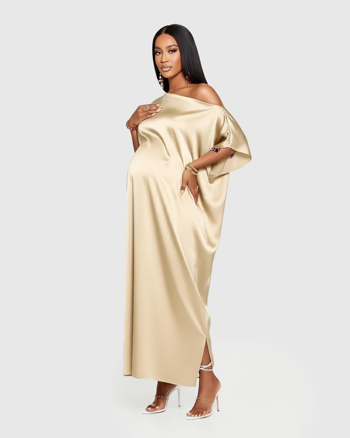 One-Shoulder Satin Maternity Maxi Dress