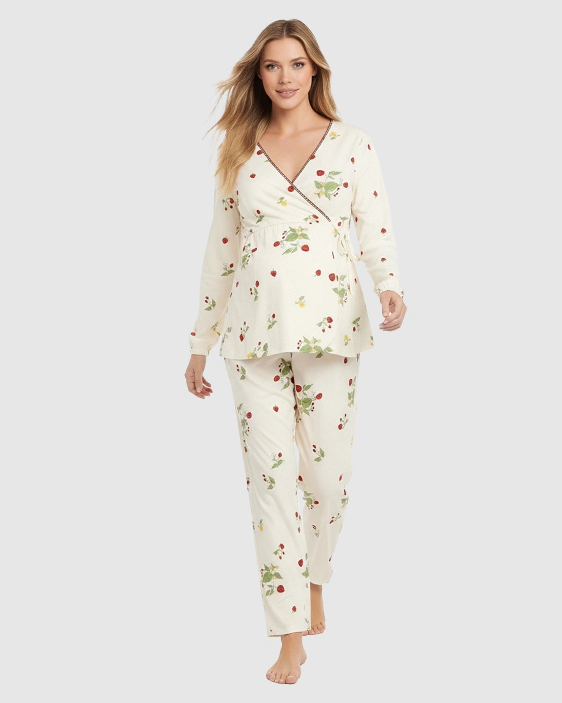 Floral Wrap Kimono Cotton Maternity Pajama Set