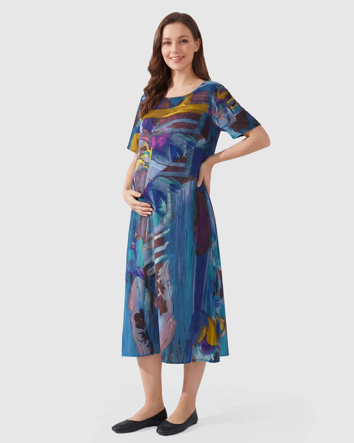 Blue Abstract A-Line Maternity Midi Dress