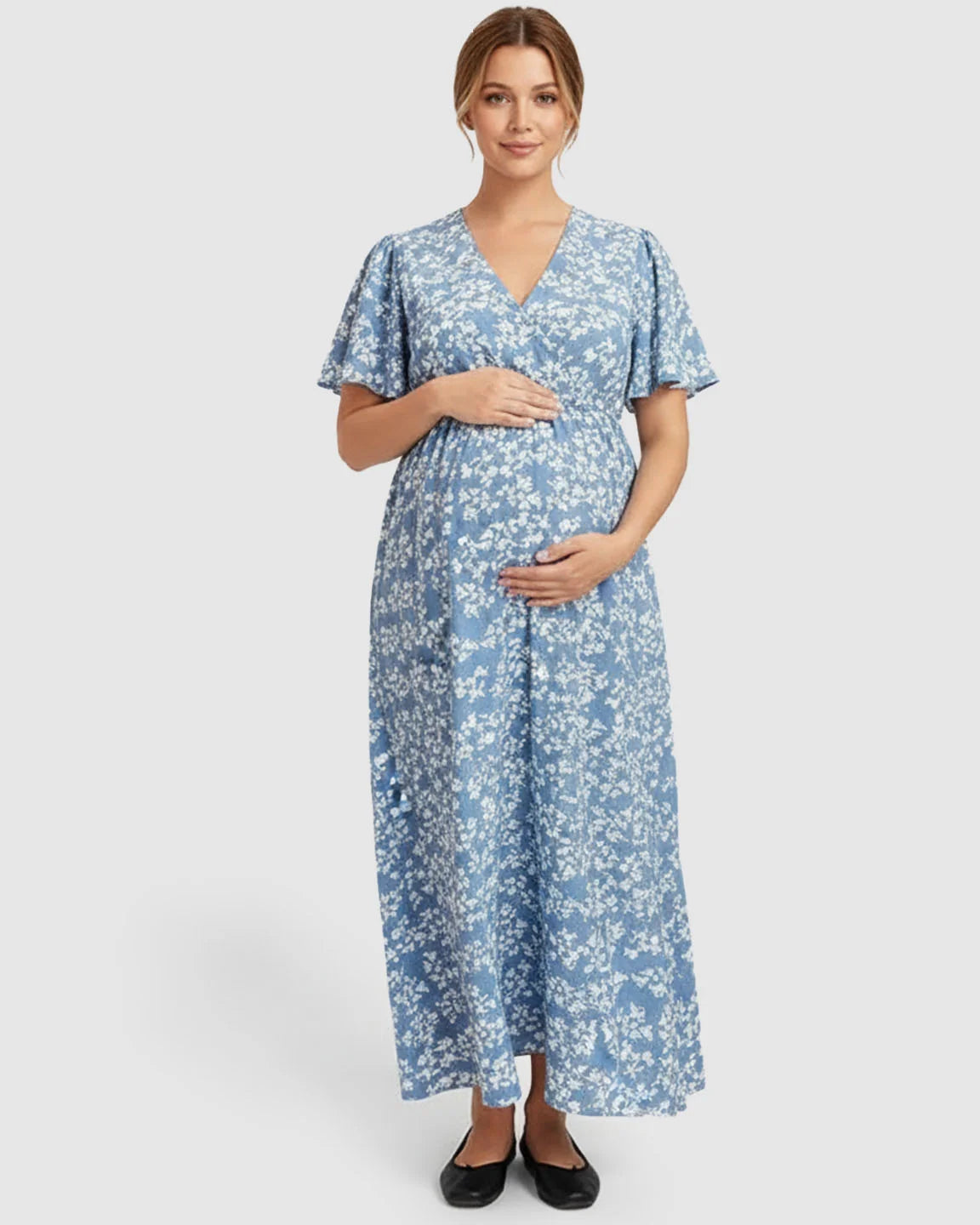 Cinched Waist Bohemian Maternity Maxi Dress