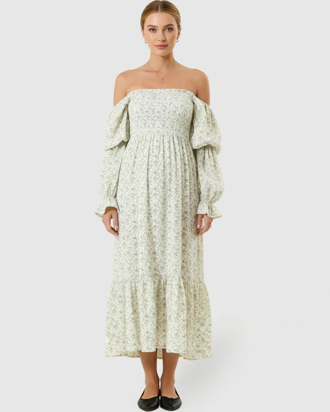 Floral Off-Shoulder Smocked Bodice Maternity Maxi Dress