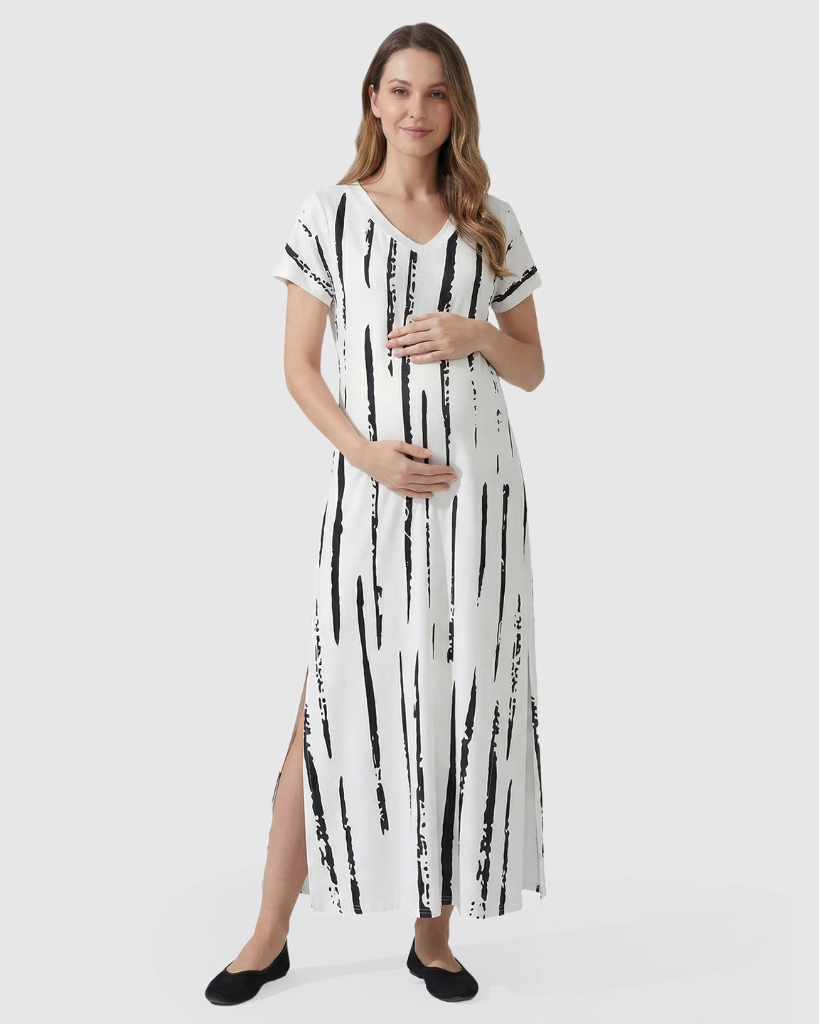 Striped V-Neck Oversized Maternity Caftan Dress