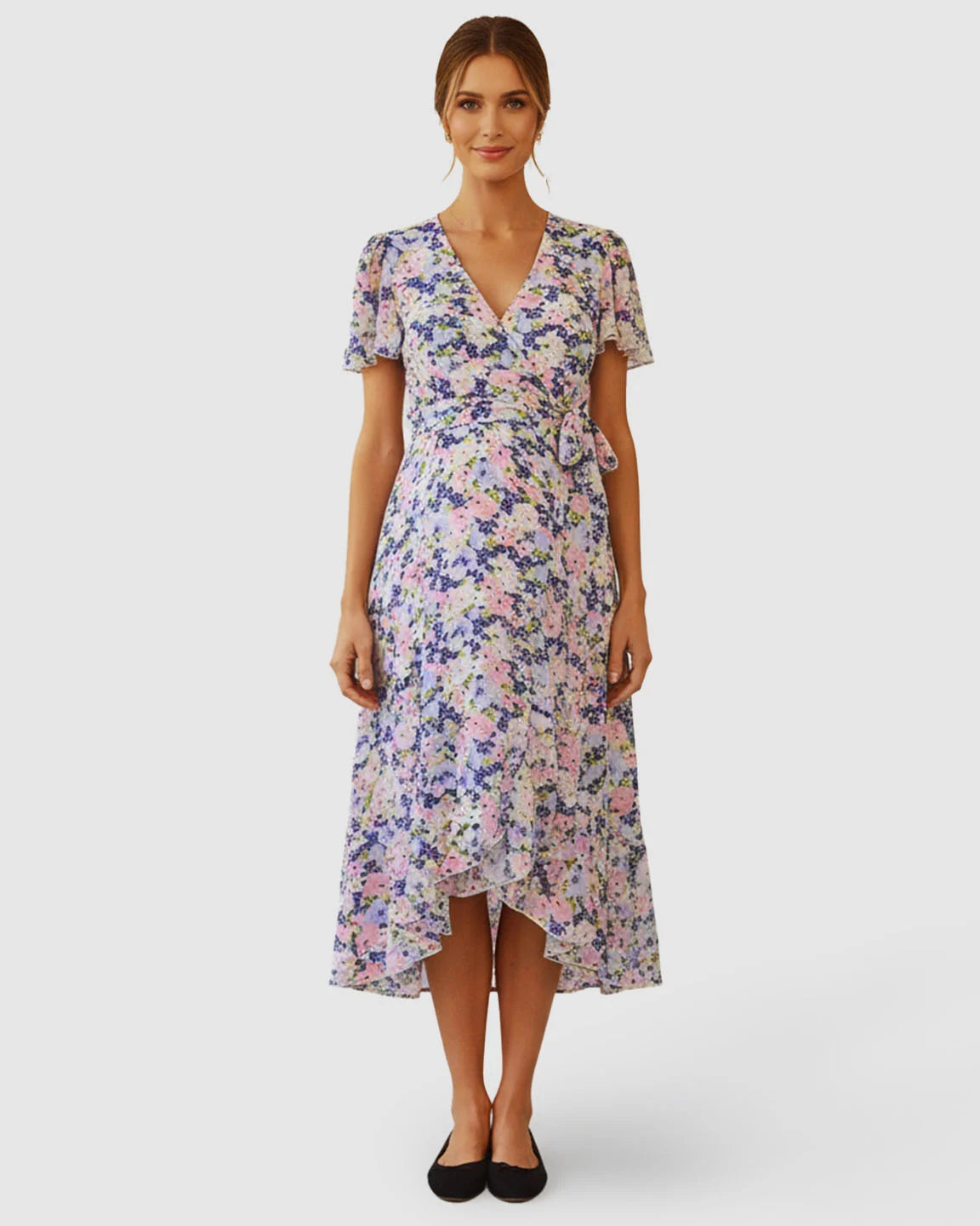 V-Neck Wrap-Style Floral Maternity Midi Dress