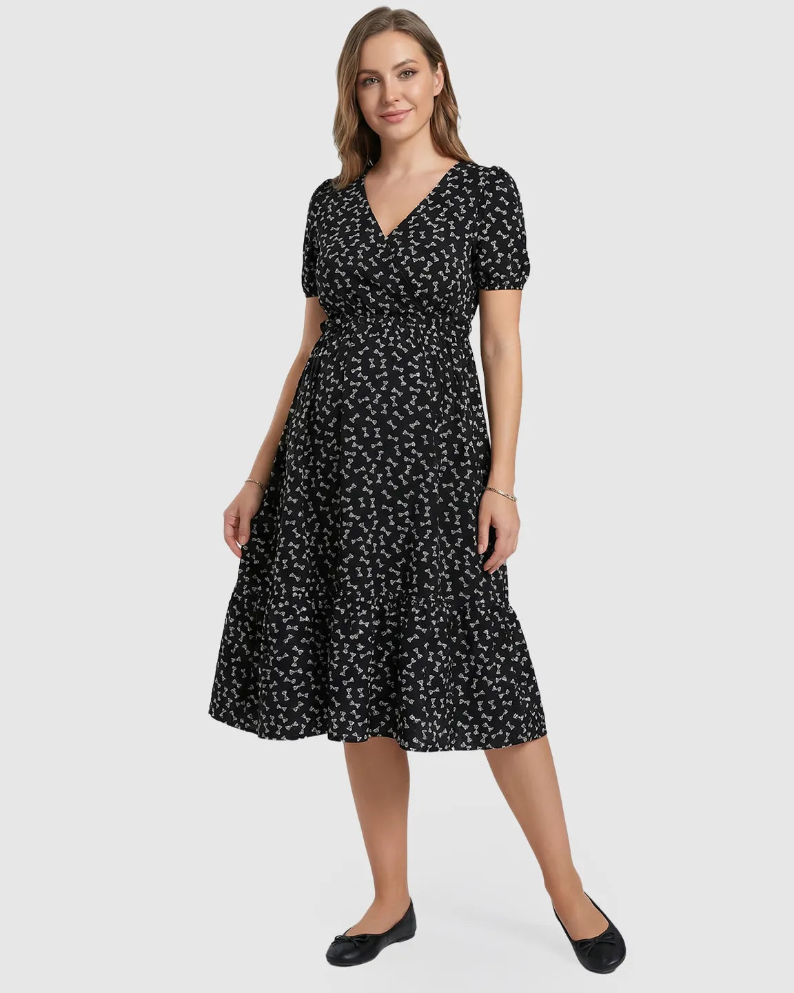 Bow Tie Print Cinched A-Line Maternity Dress