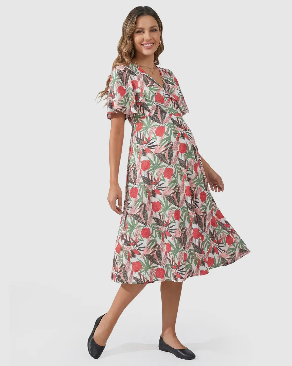 Side Tie Wrap Tropical Floral Maternity Midi Dress