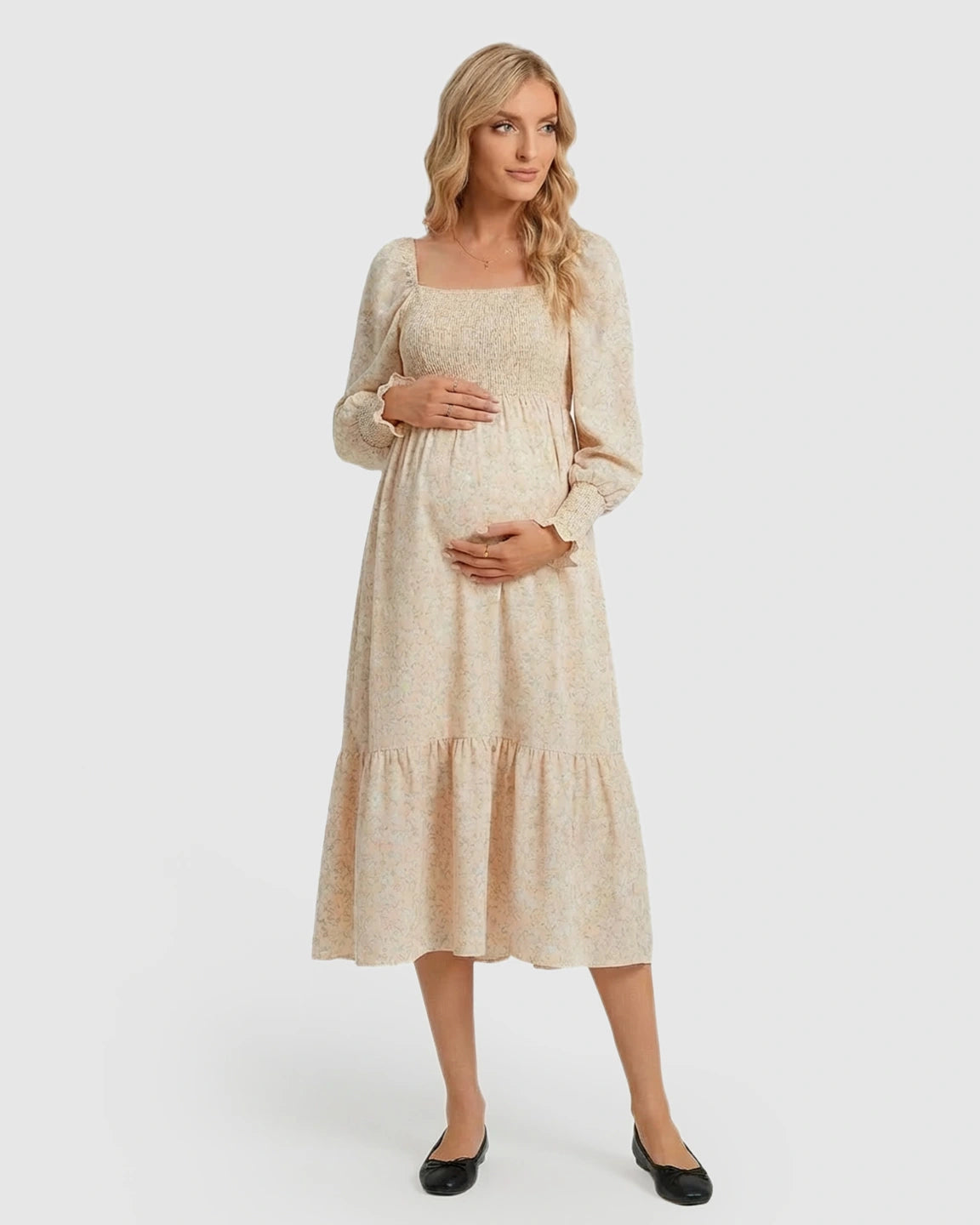 Shirred Bodice Boho Maternity Midi Dress