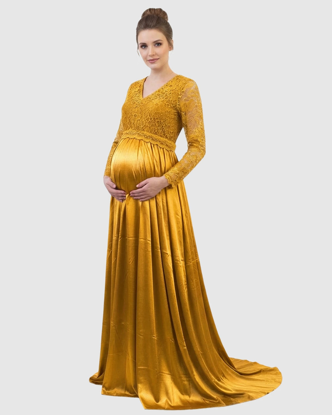 Lace Spliced Bodice Trailing Skirt Maternity Photoshoot Maxi Dress