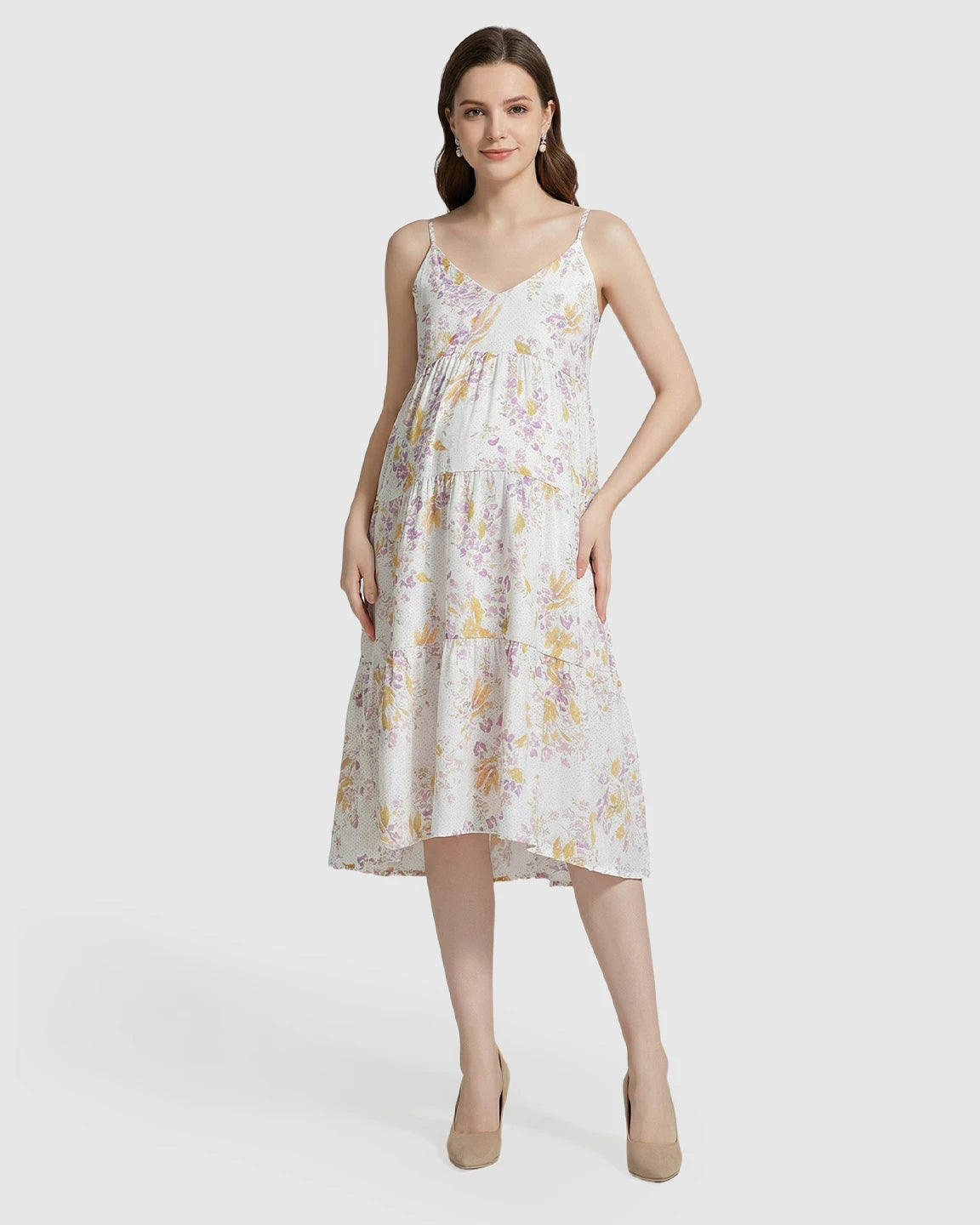 Floral V-Neck Tiered Skirt Maternity Nightgown